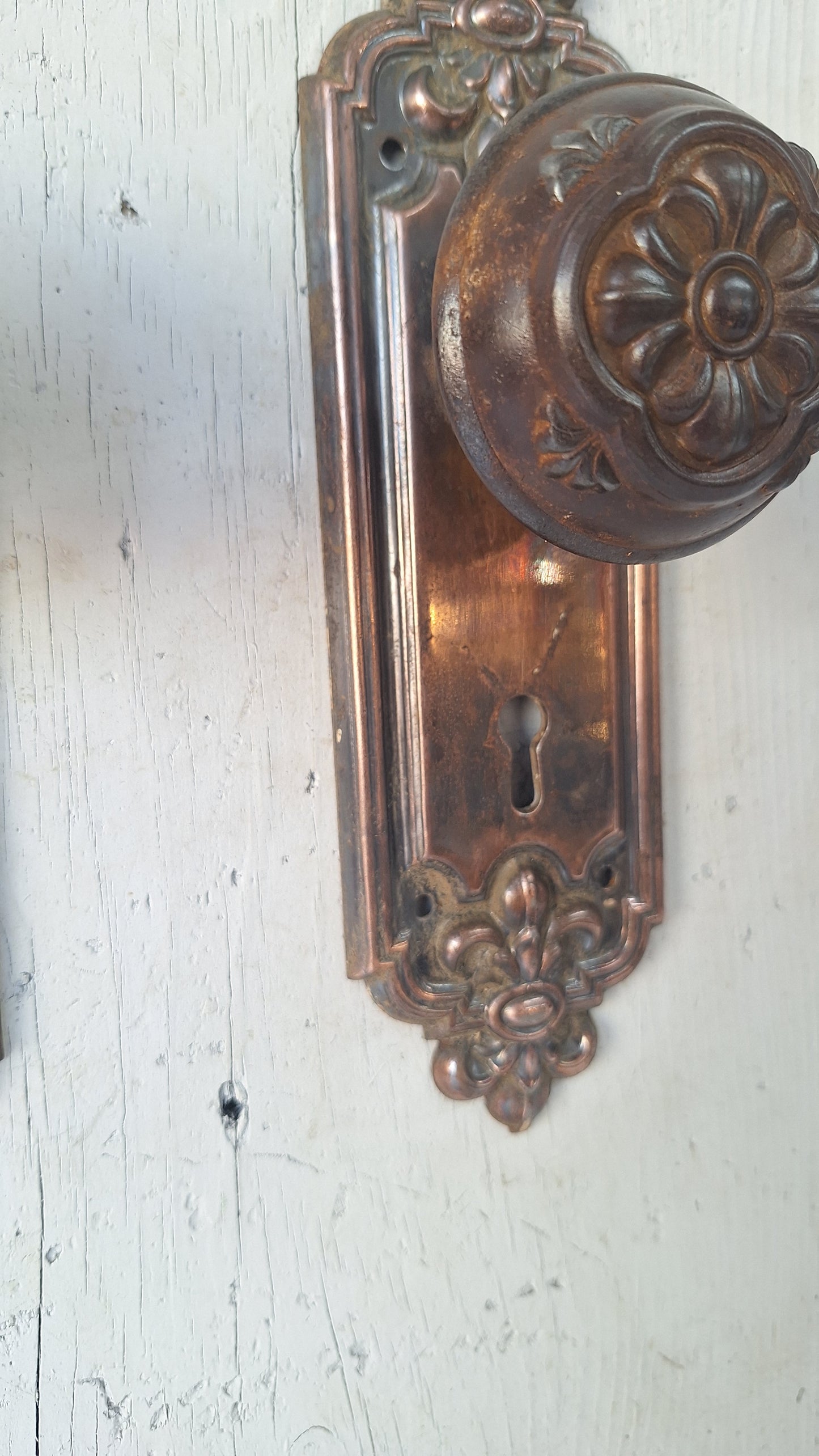 Pair of Stamped Floral Pattern Steel Backplates, Antique Doorknob Plates
