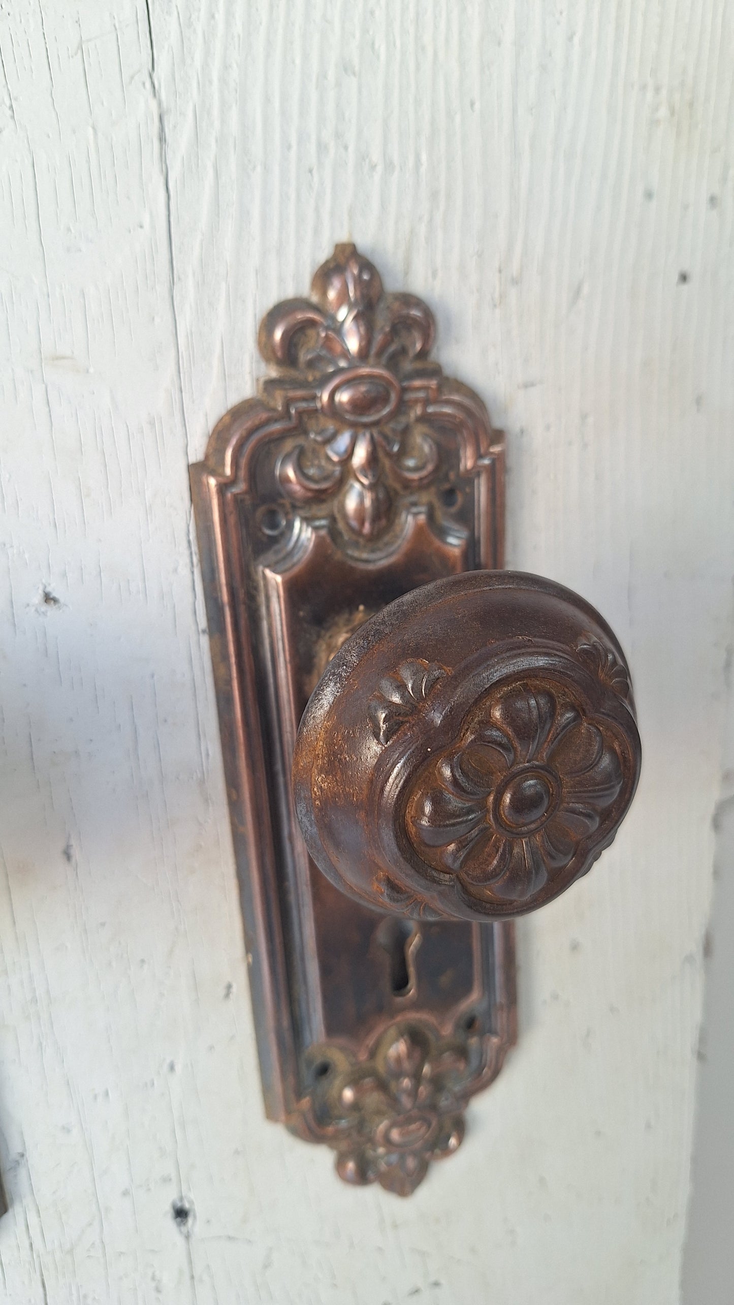 Pair of Stamped Floral Pattern Steel Backplates, Antique Doorknob Plates