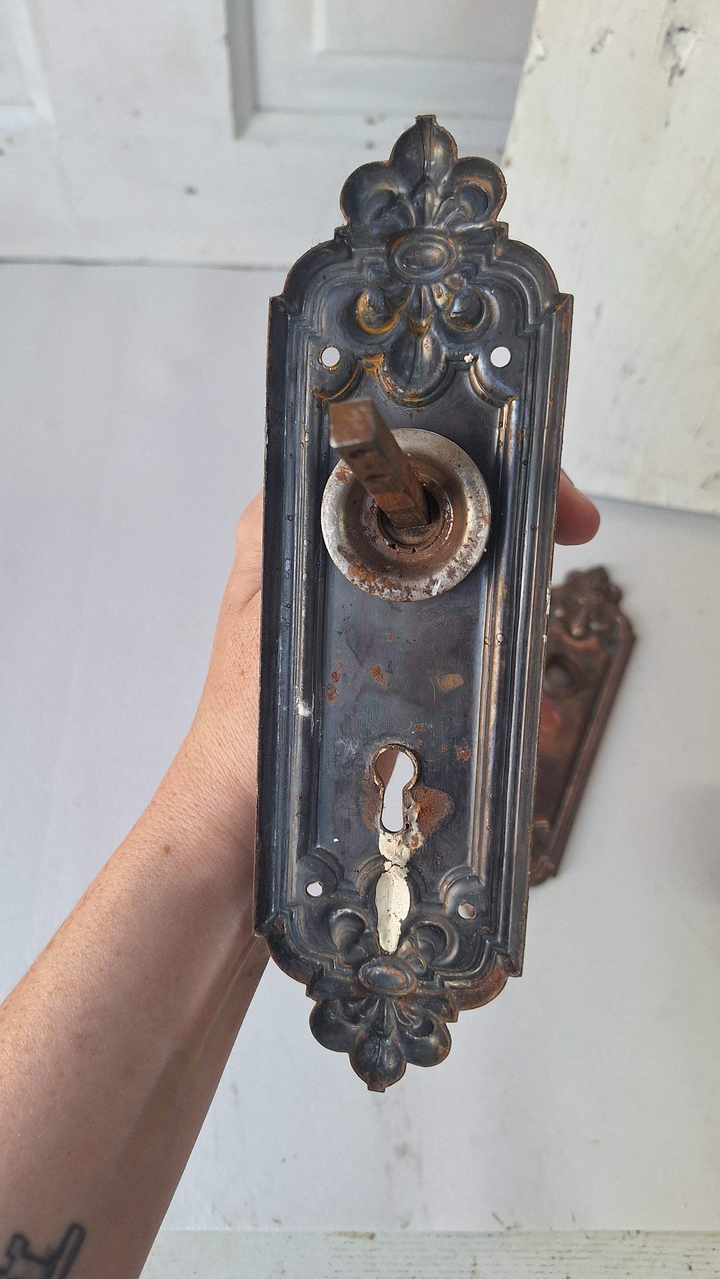 Pair of Stamped Floral Pattern Steel Backplates, Antique Doorknob Plates