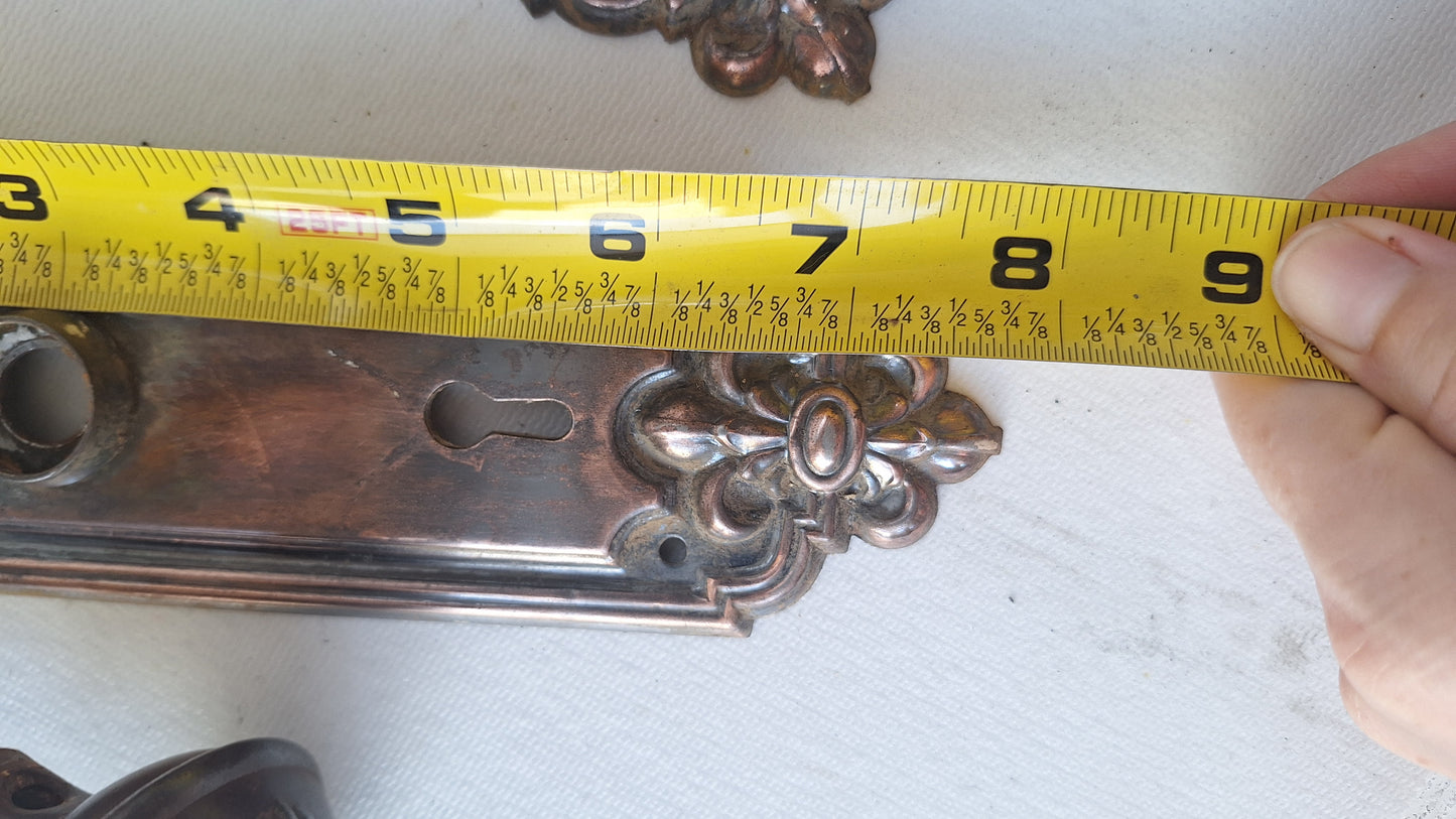 Pair of Stamped Floral Pattern Steel Backplates, Antique Doorknob Plates
