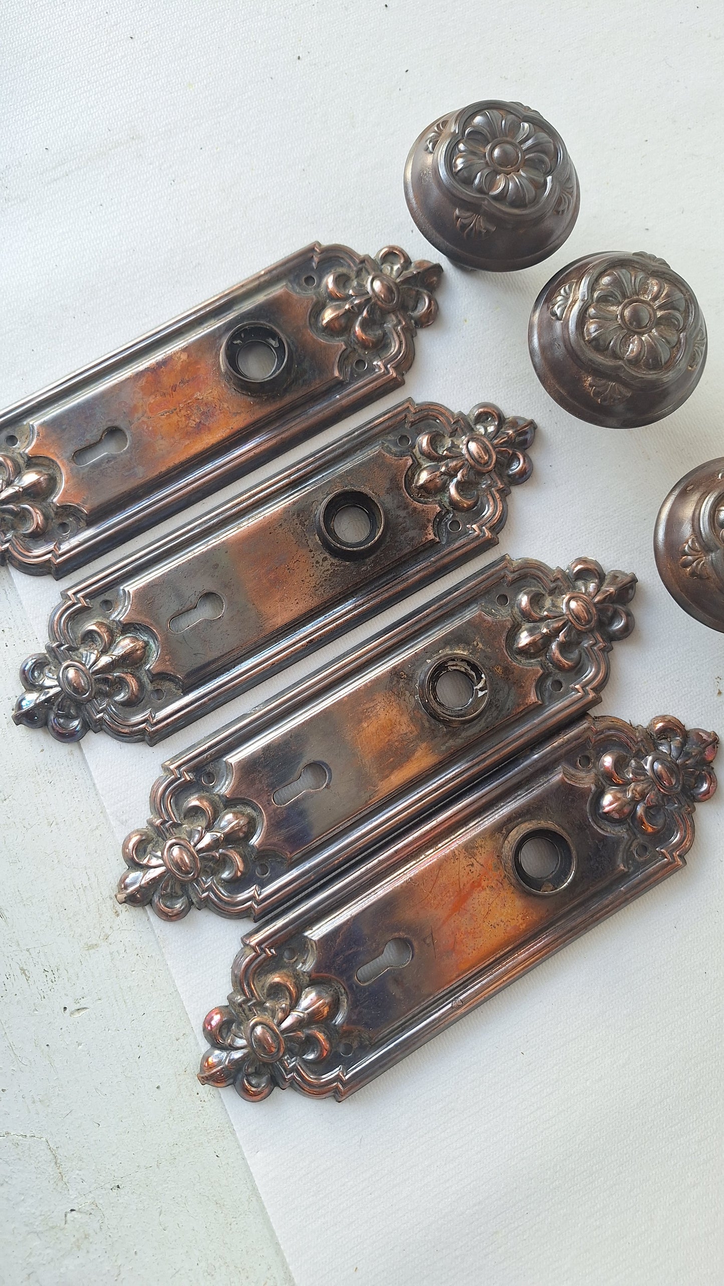 Pair of Stamped Floral Pattern Steel Backplates, Antique Doorknob Plates