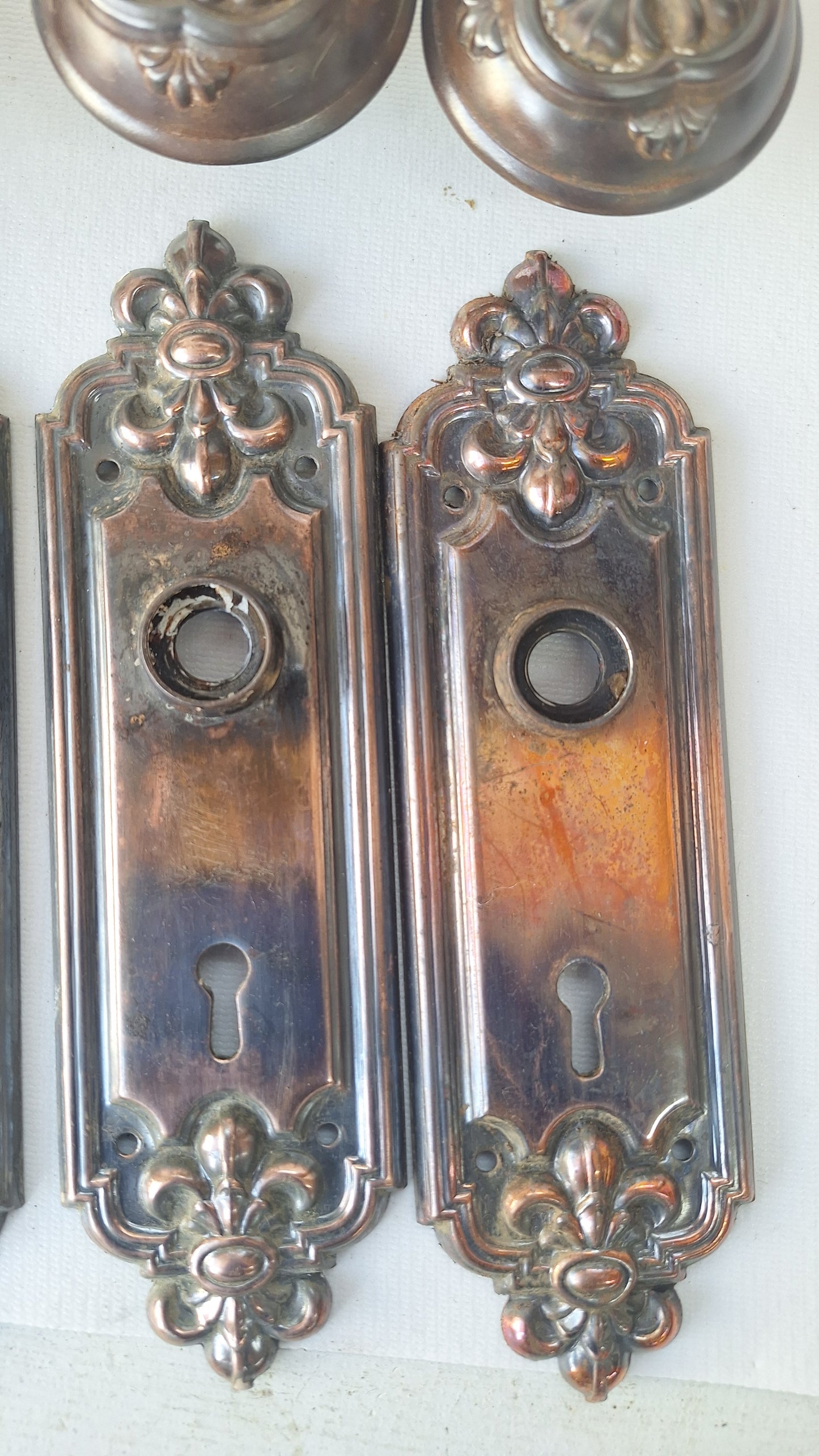 Pair of Stamped Floral Pattern Steel Backplates, Antique Doorknob Plates