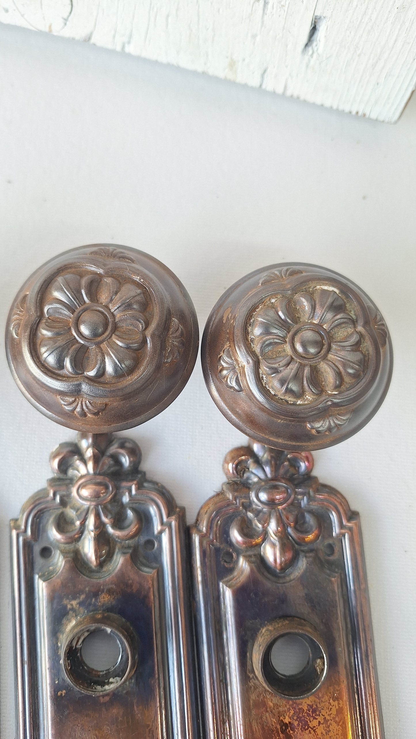 Pair of Stamped Floral Pattern Steel Backplates, Antique Doorknob Plates