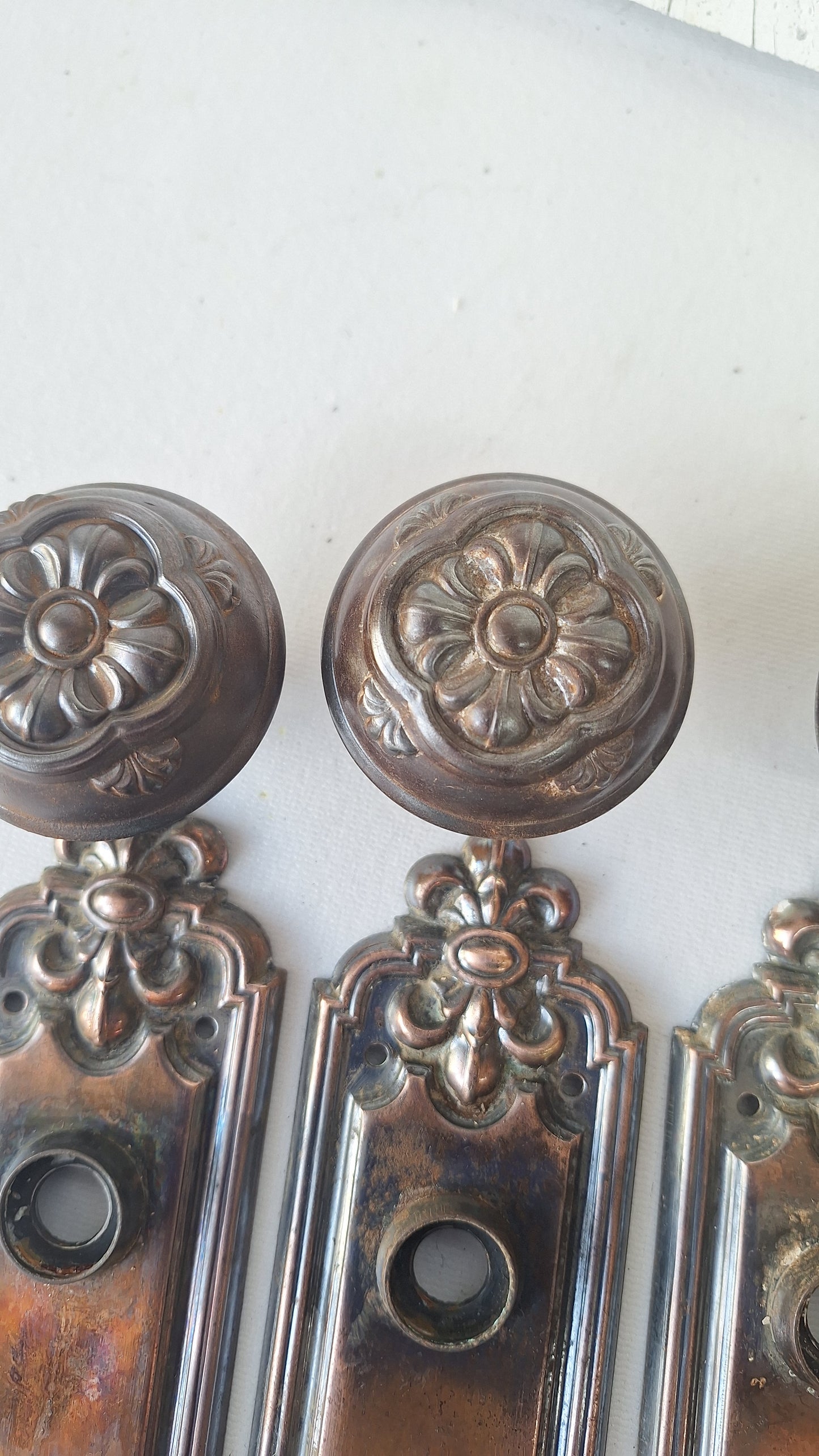 Pair of Stamped Floral Pattern Steel Backplates, Antique Doorknob Plates