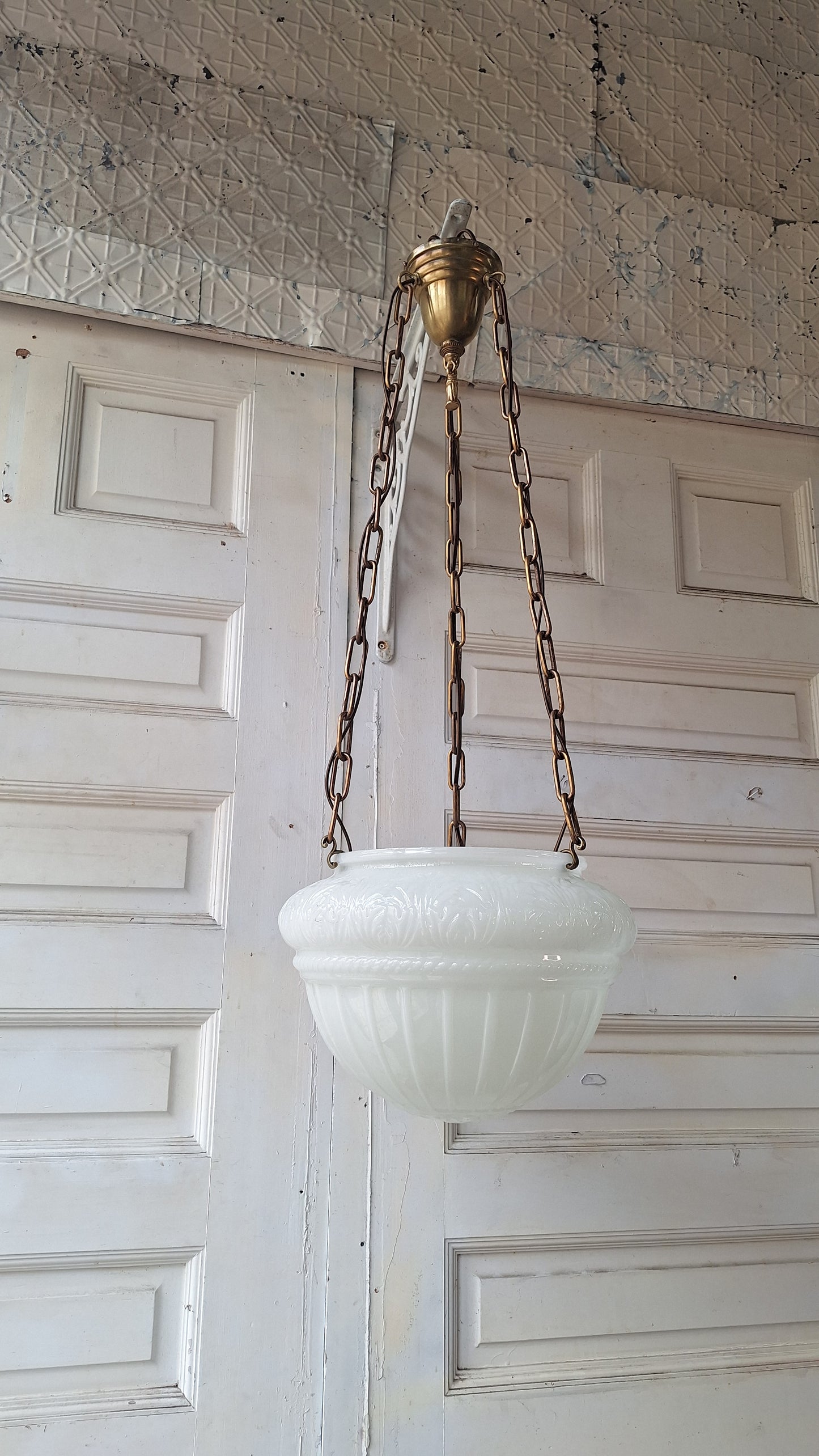 Antique Inverted Dome Chandelier: Molded Glass Shade, Neoclassical Light