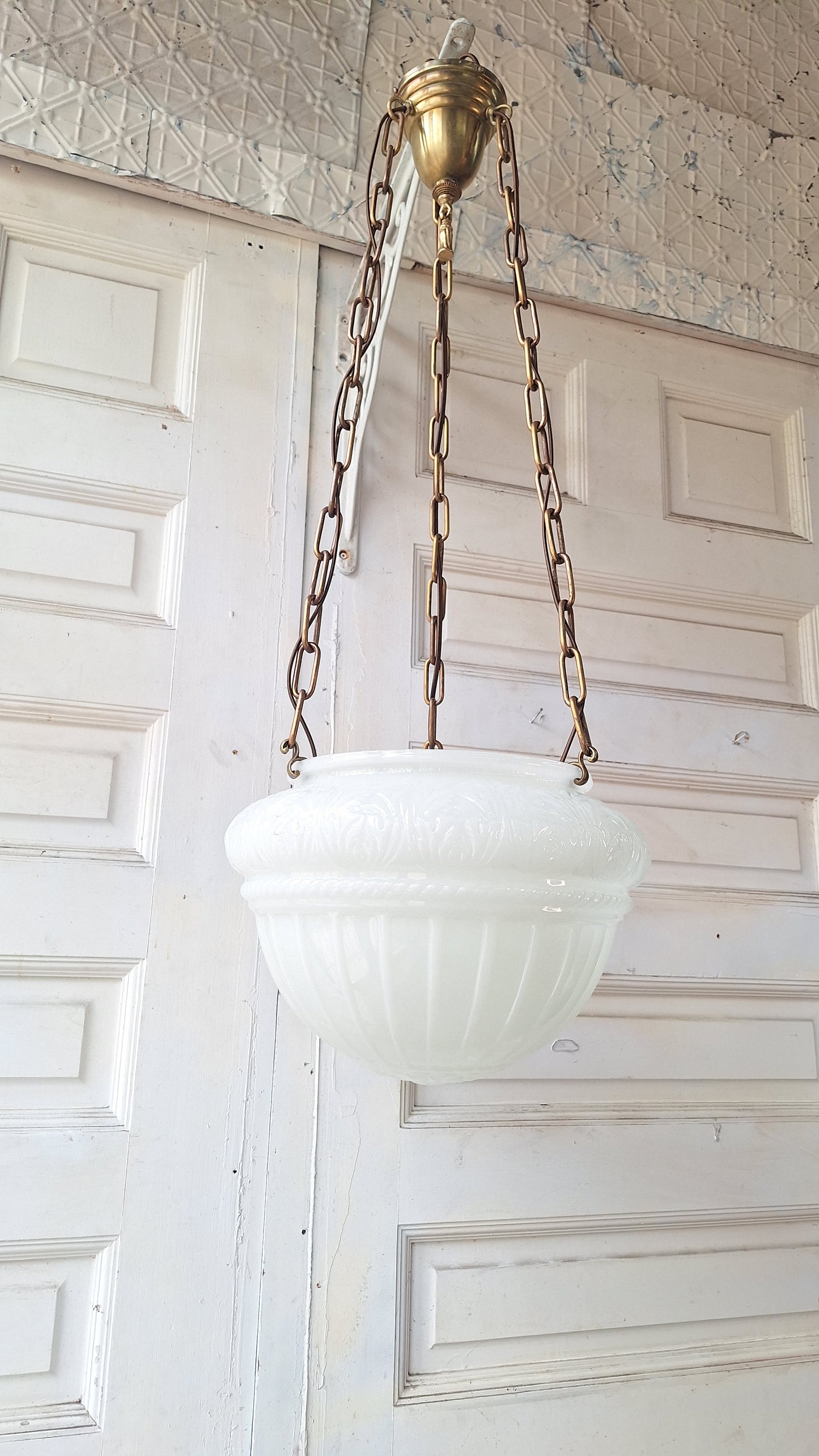 Antique Inverted Dome Chandelier: Molded Glass Shade, Neoclassical Light