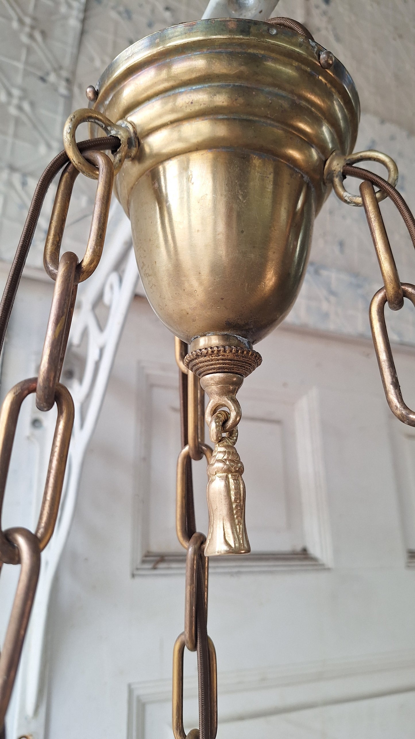 Antique Inverted Dome Chandelier: Molded Glass Shade, Neoclassical Light
