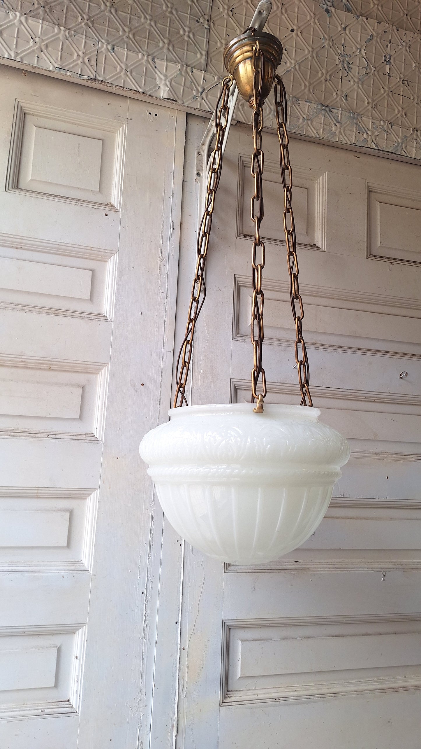 Antique Inverted Dome Chandelier: Molded Glass Shade, Neoclassical Light