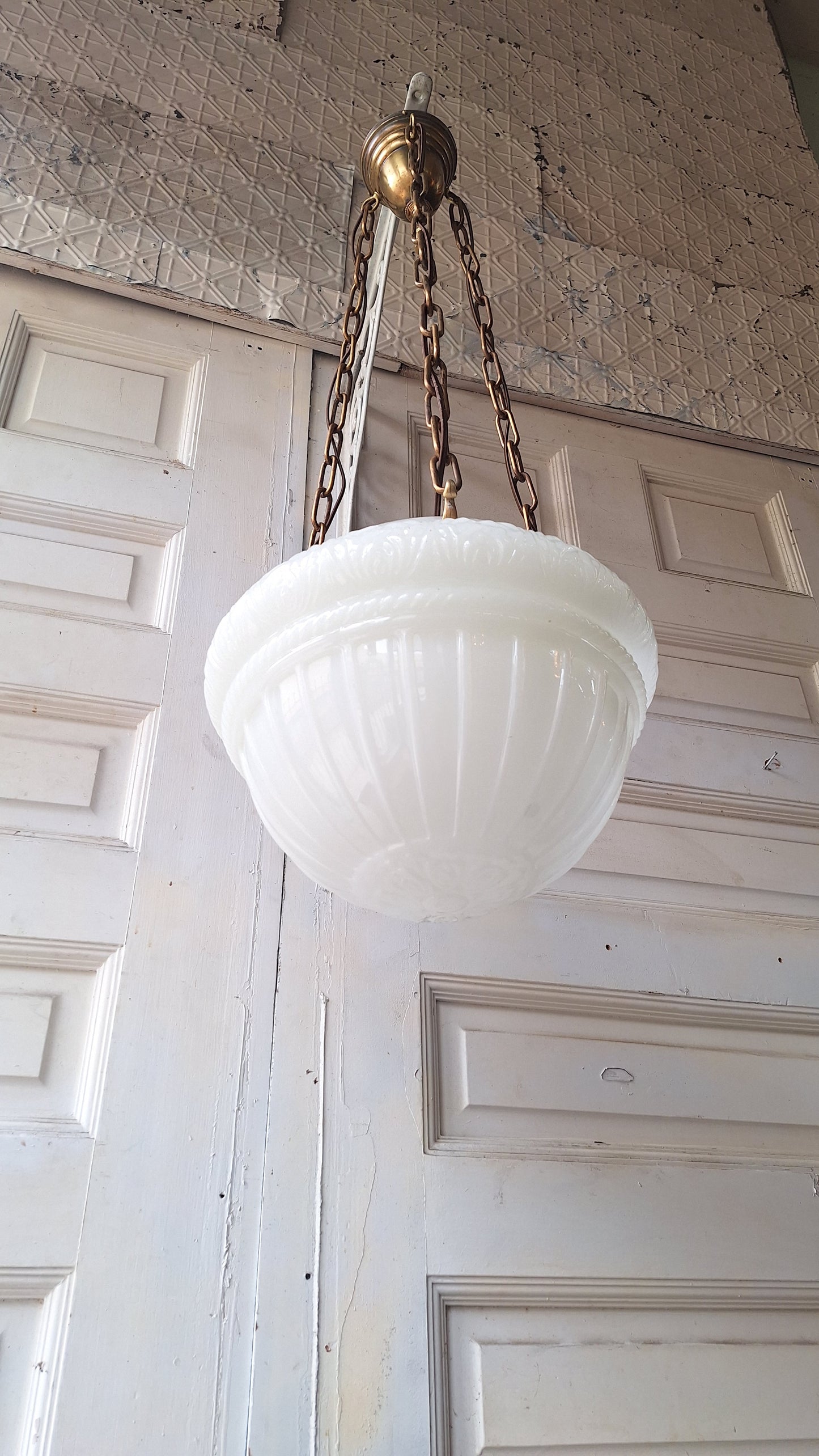 Antique Inverted Dome Chandelier: Molded Glass Shade, Neoclassical Light