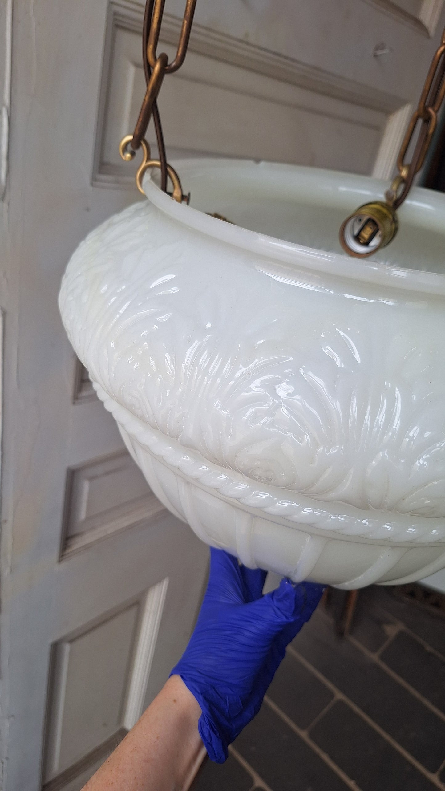 Antique Inverted Dome Chandelier: Molded Glass Shade, Neoclassical Light