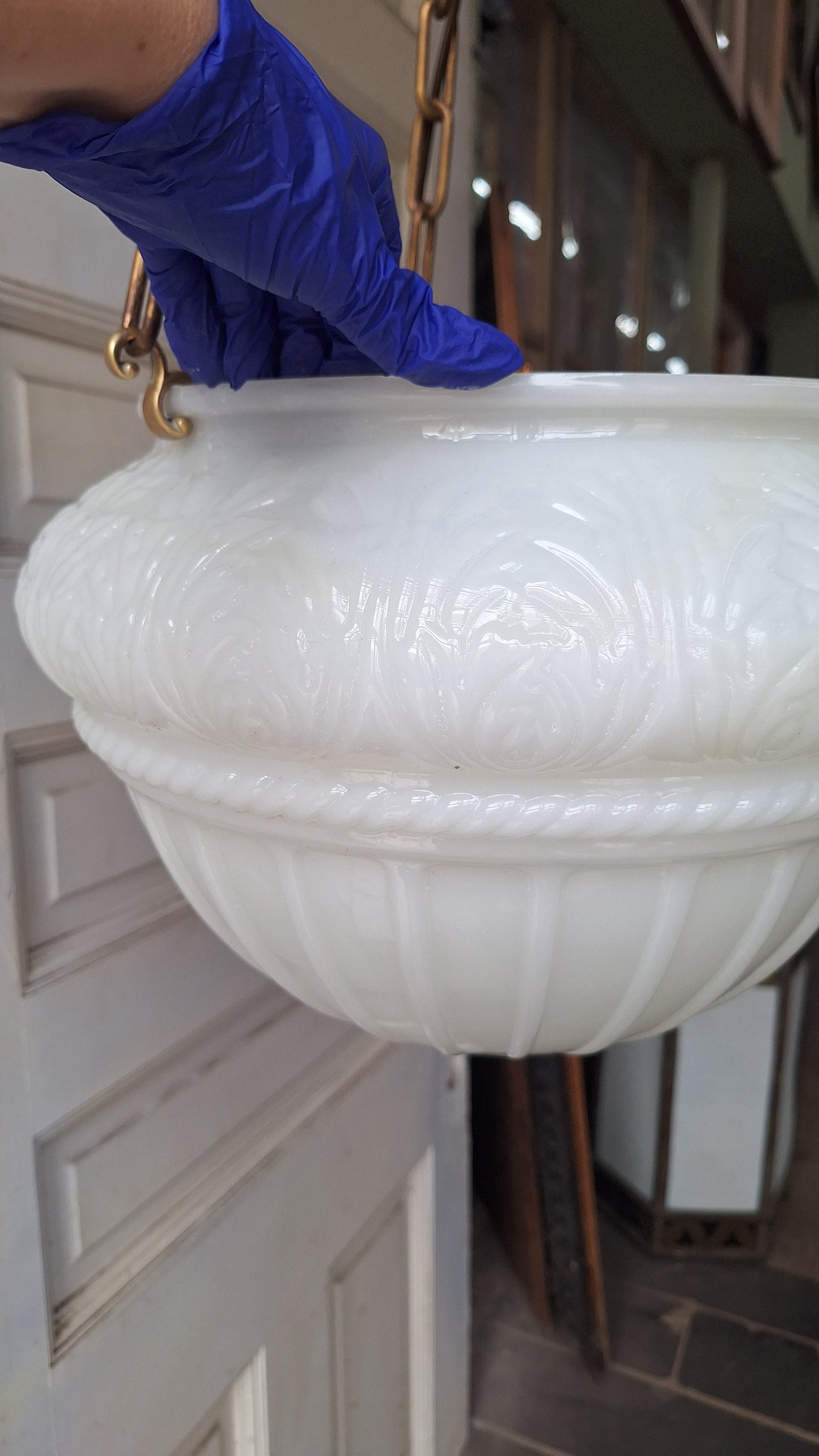 Antique Inverted Dome Chandelier: Molded Glass Shade, Neoclassical Light