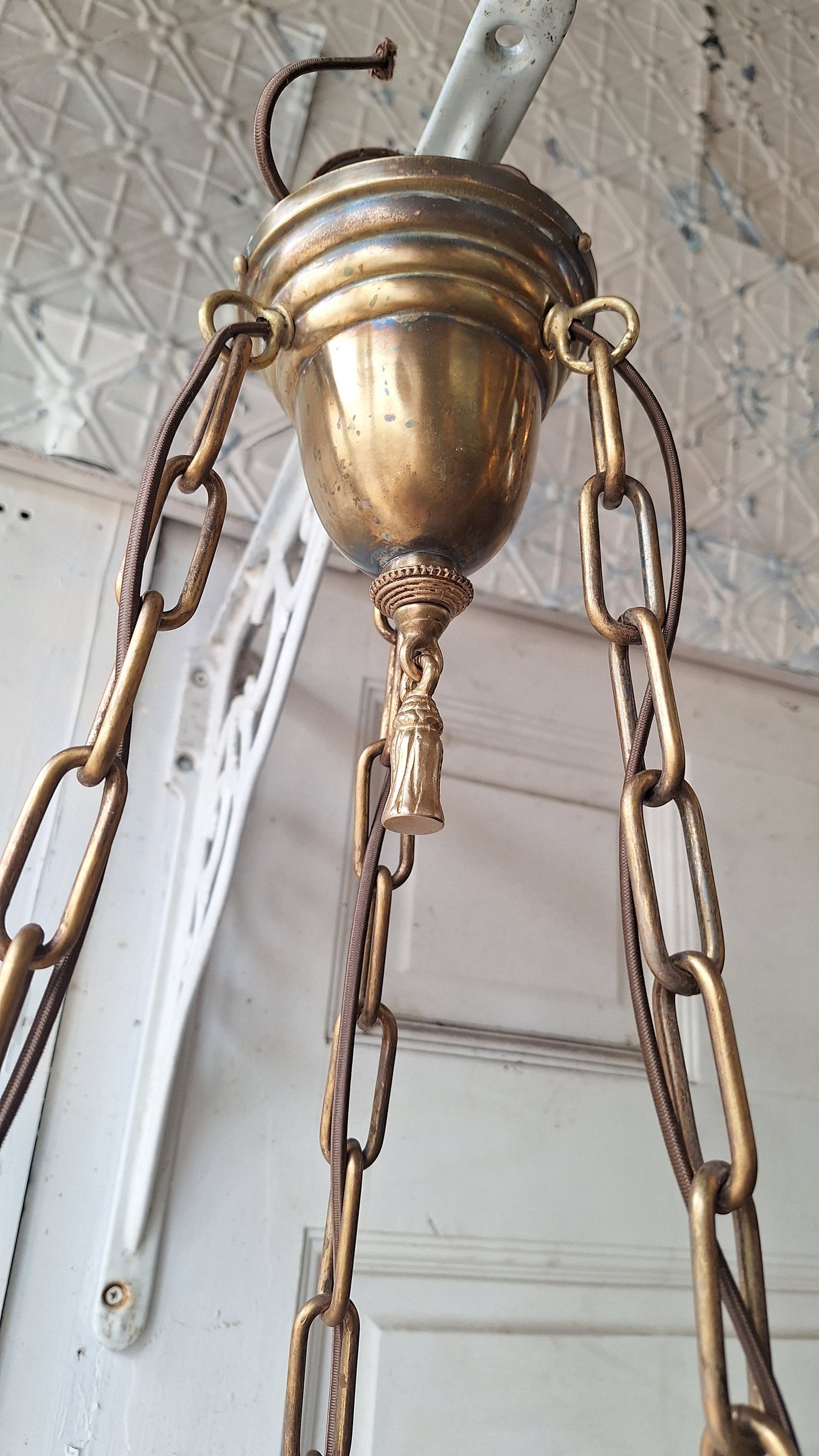 Antique Inverted Dome Chandelier: Molded Glass Shade, Neoclassical Light