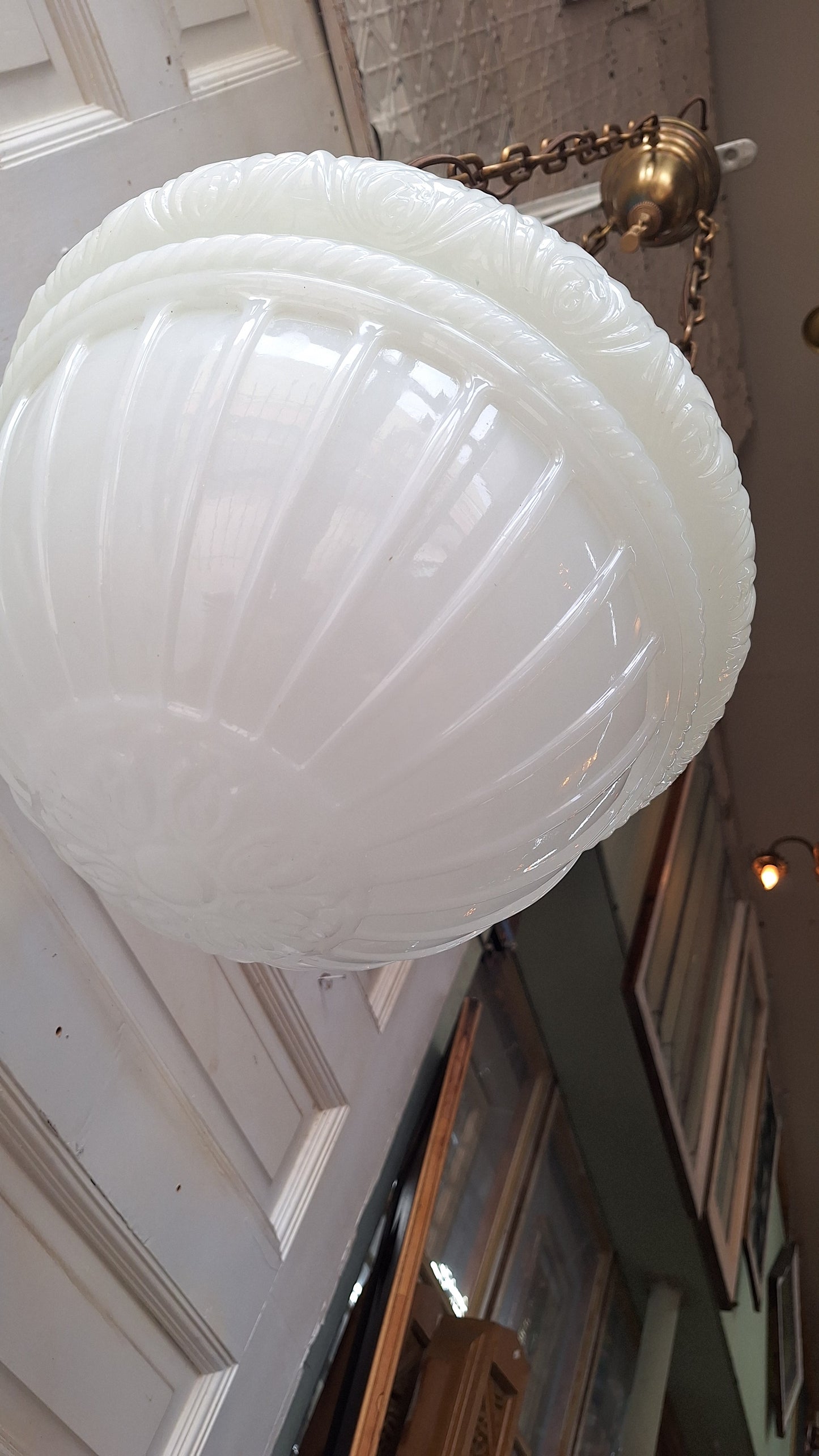 Antique Inverted Dome Chandelier: Molded Glass Shade, Neoclassical Light