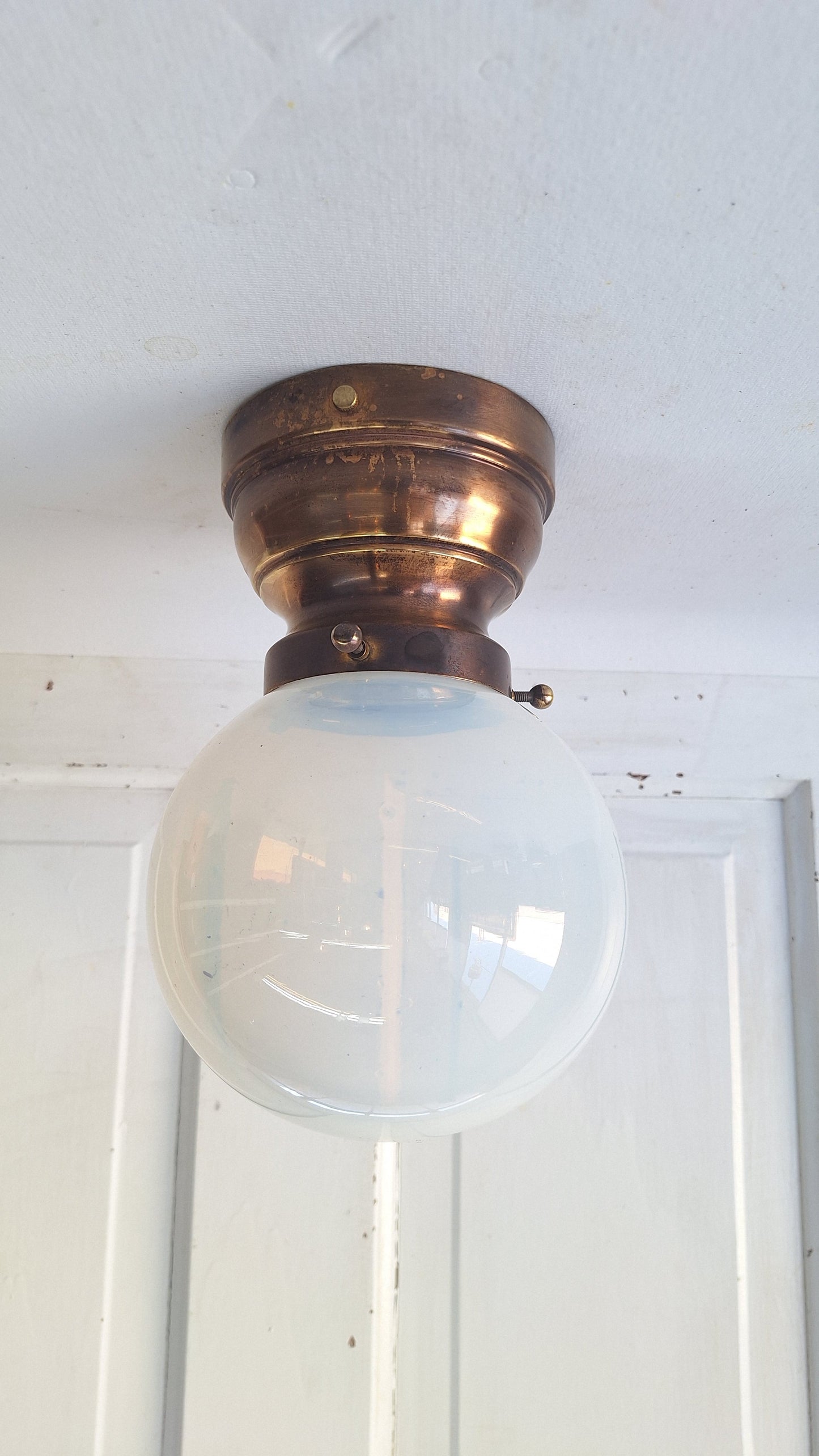 Antique Opalescent Glass Shade with Brass Base, Blown Glass Shade Light