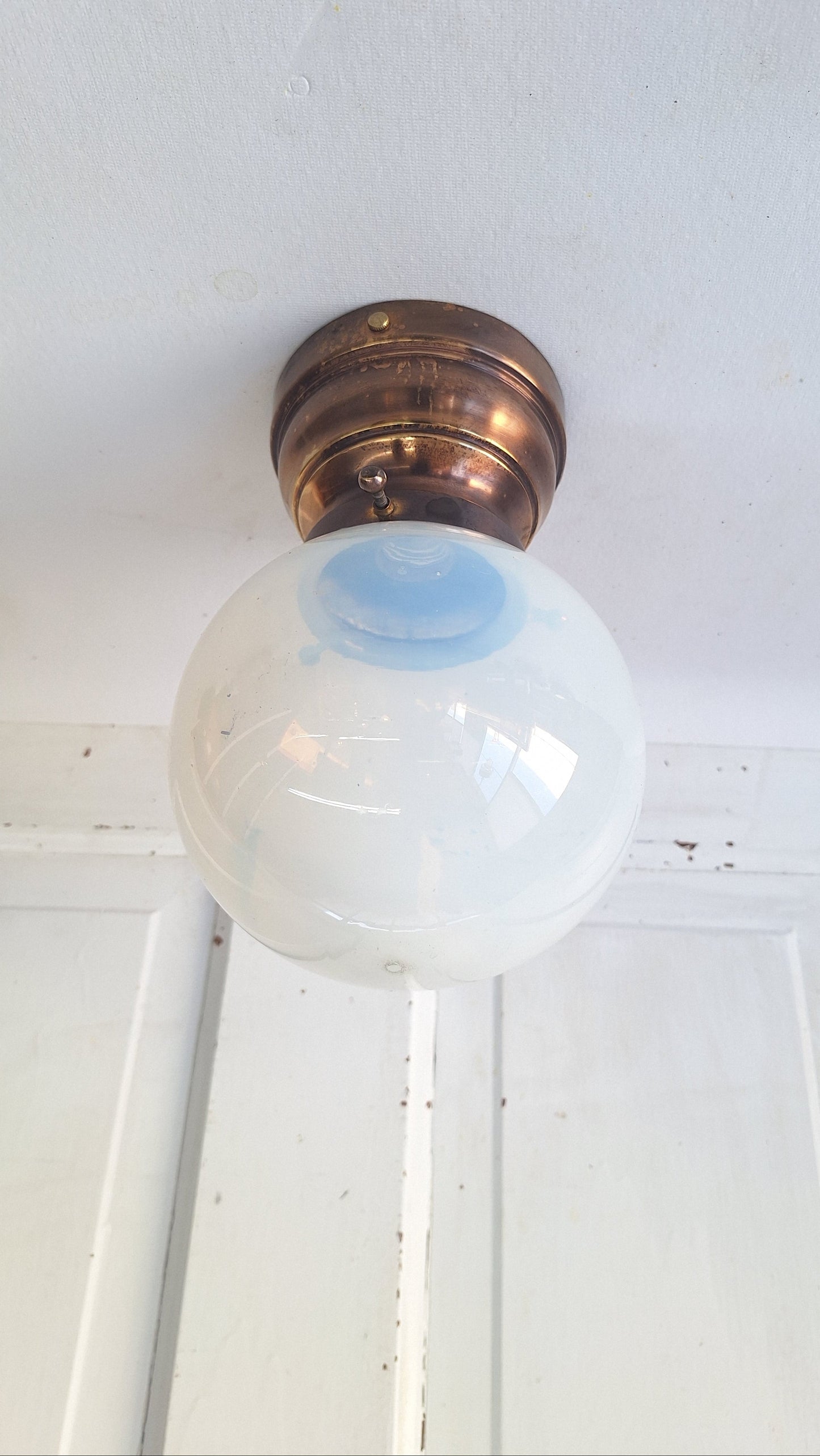 Antique Opalescent Glass Shade with Brass Base, Blown Glass Shade Light