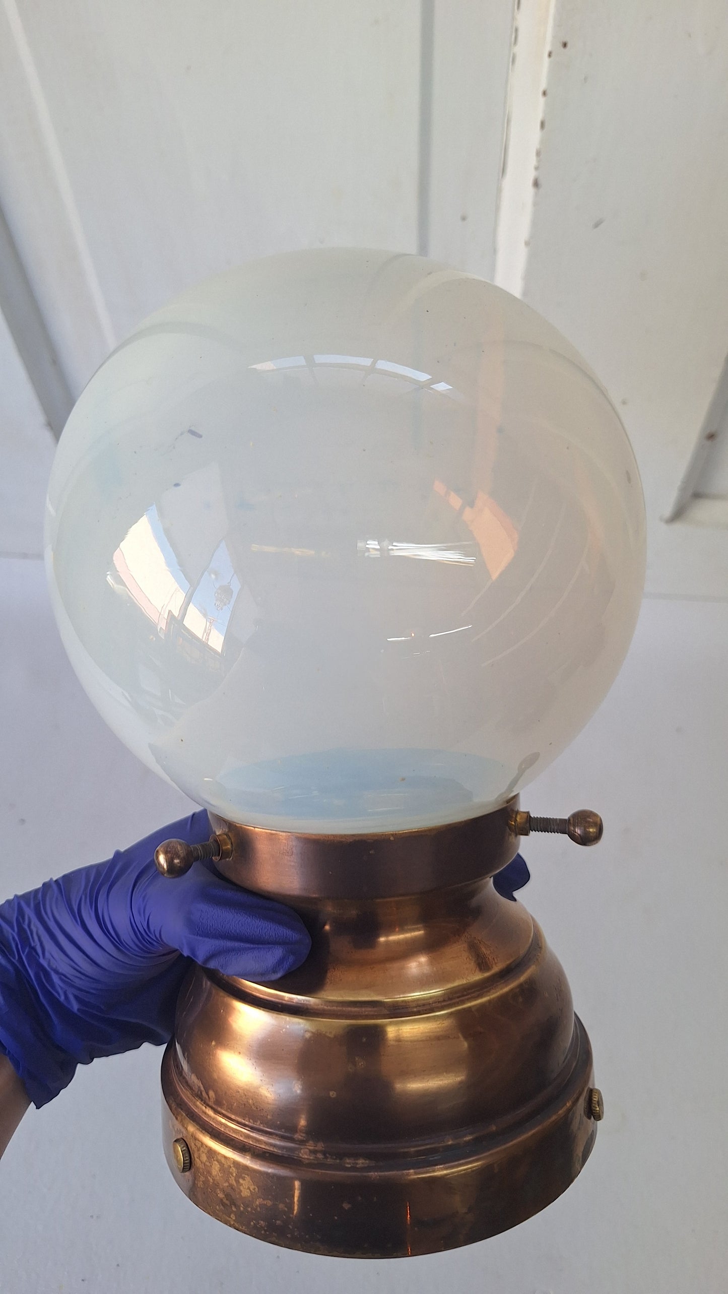 Antique Opalescent Glass Shade with Brass Base, Blown Glass Shade Light