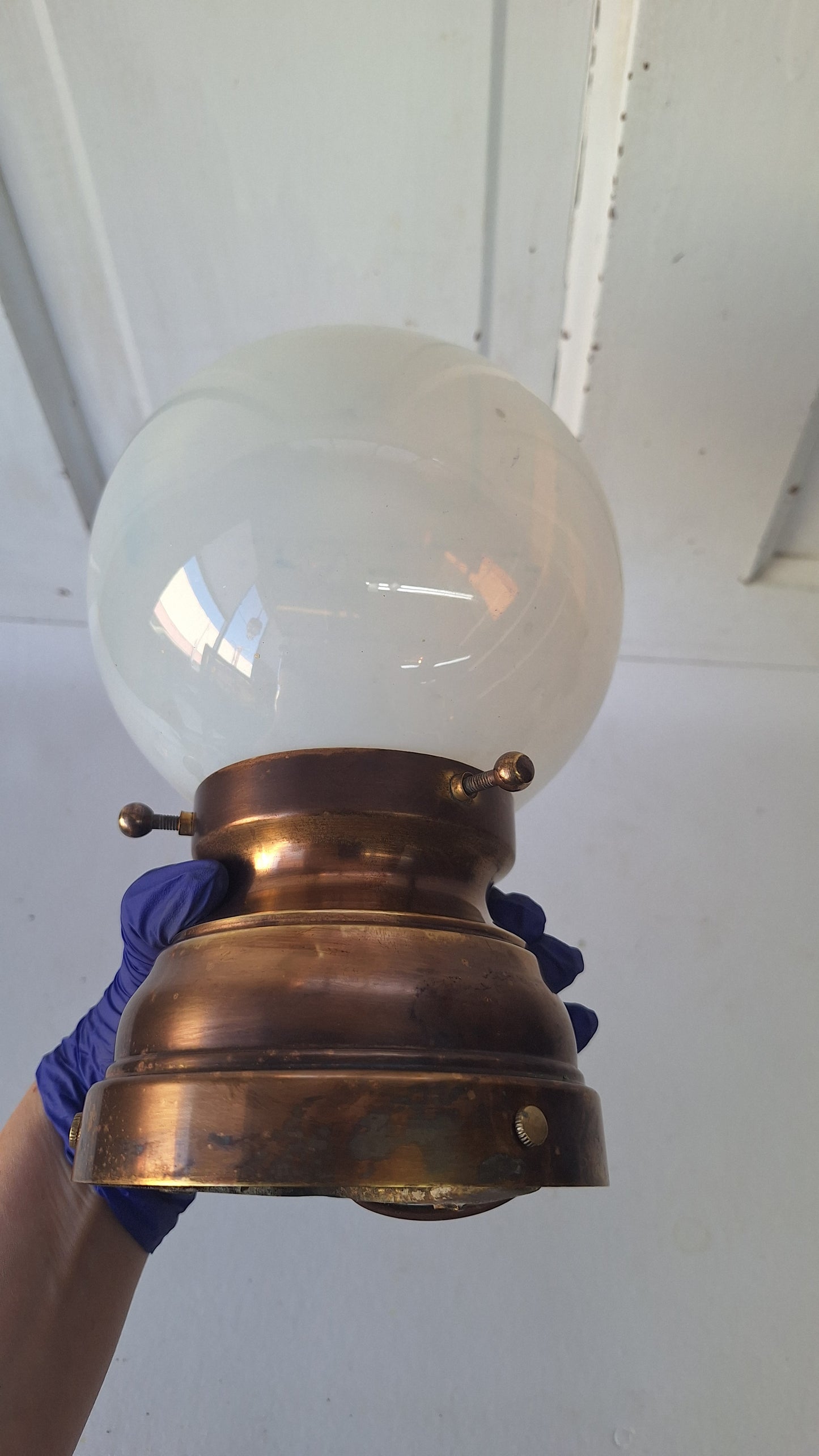 Antique Opalescent Glass Shade with Brass Base, Blown Glass Shade Light