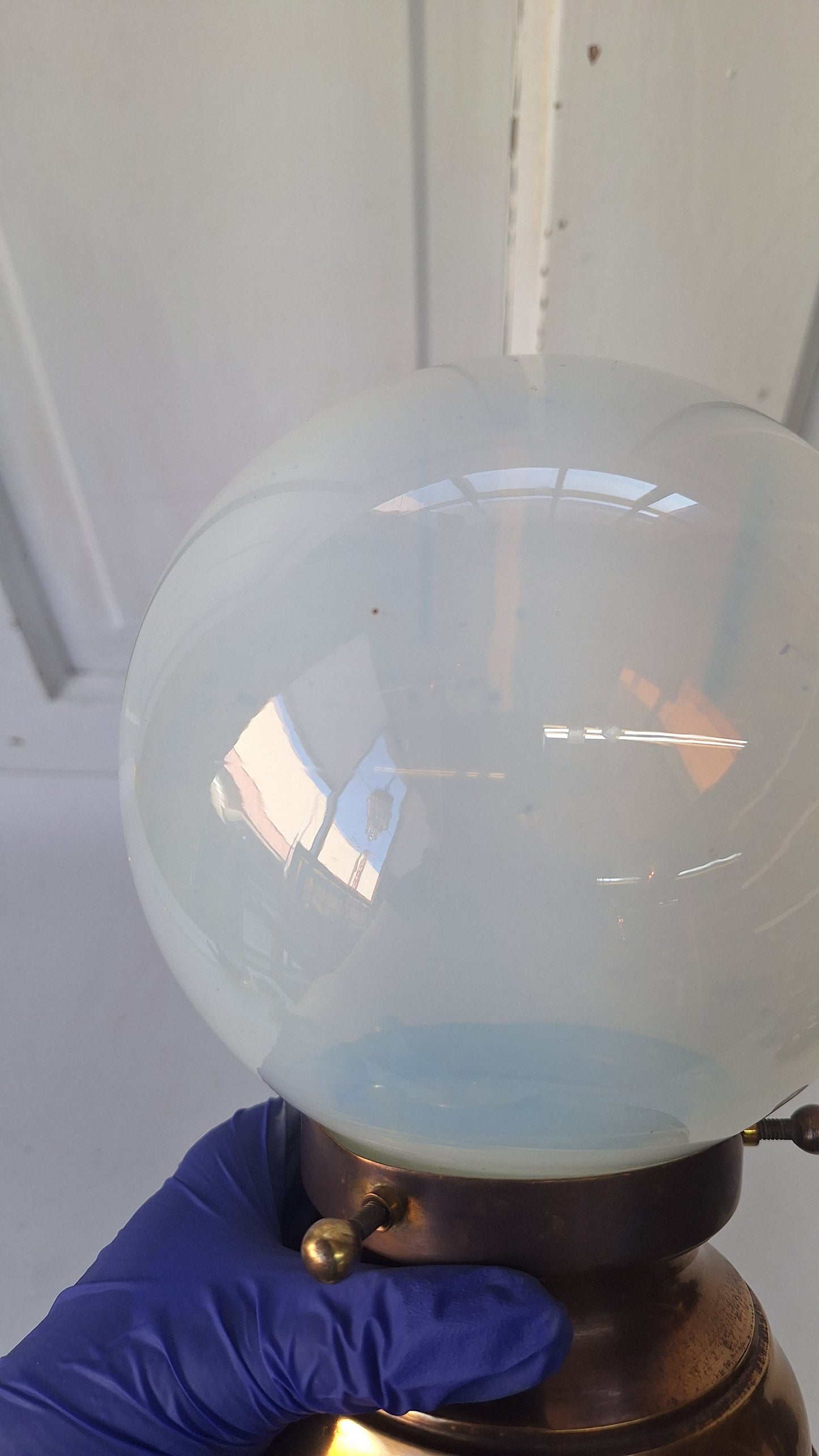 Antique Opalescent Glass Shade with Brass Base, Blown Glass Shade Light
