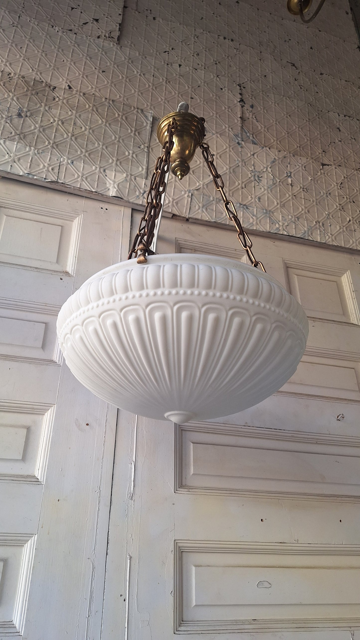 Antique Inverted Dome Chandelier: Molded Glass Shade, Neoclassical Light