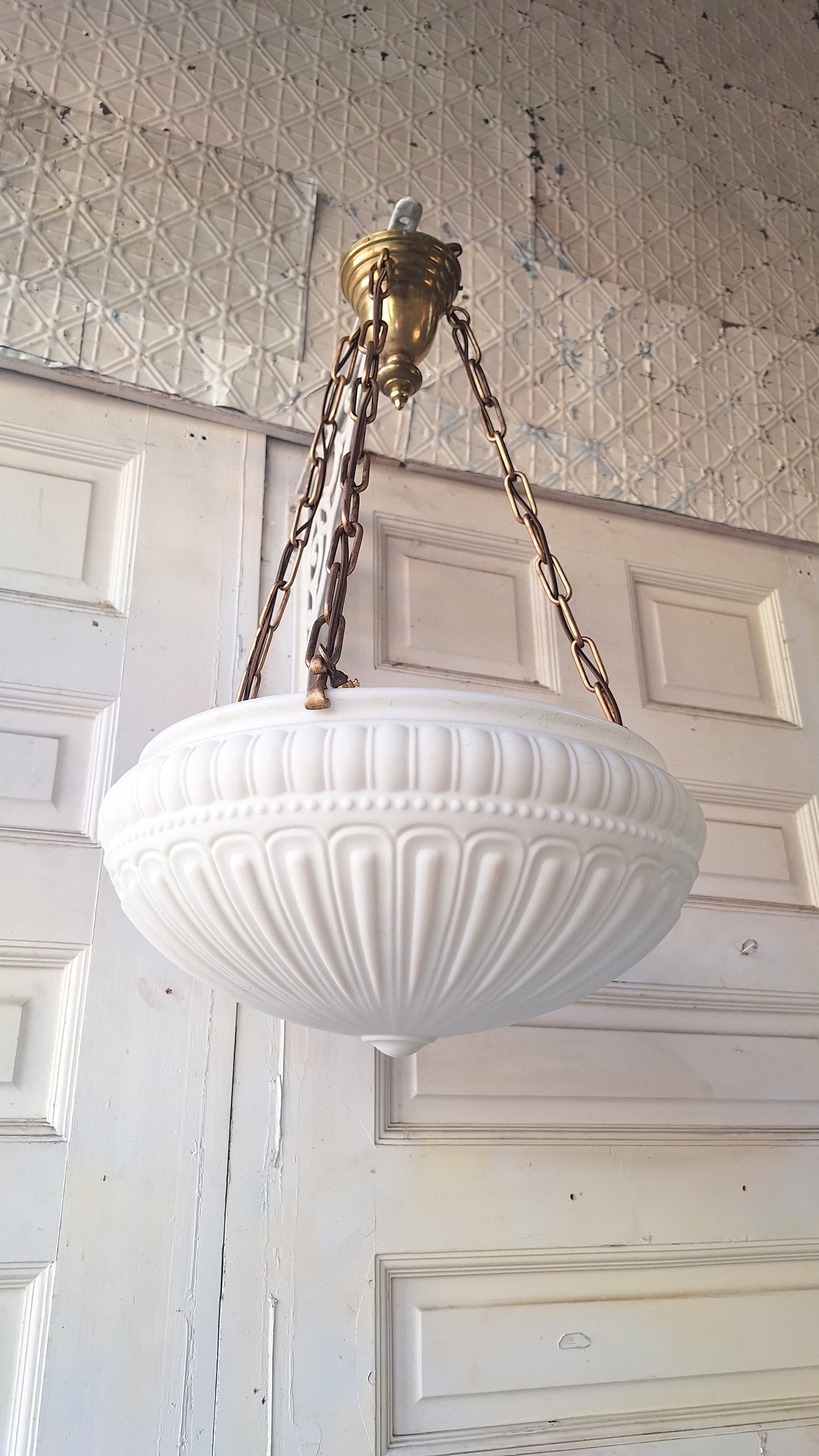 Antique Inverted Dome Chandelier: Molded Glass Shade, Neoclassical Light