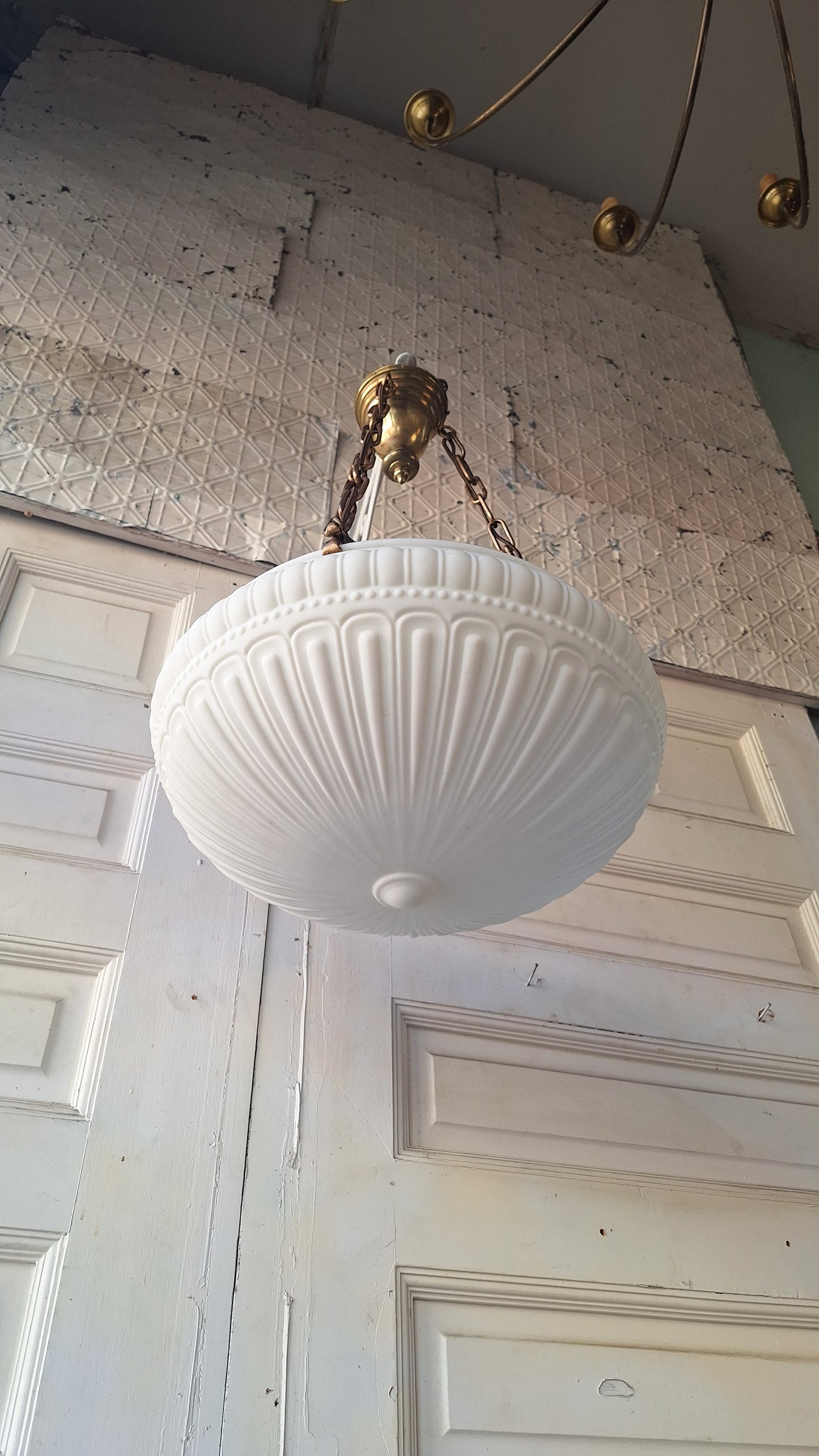 Antique Inverted Dome Chandelier: Molded Glass Shade, Neoclassical Light