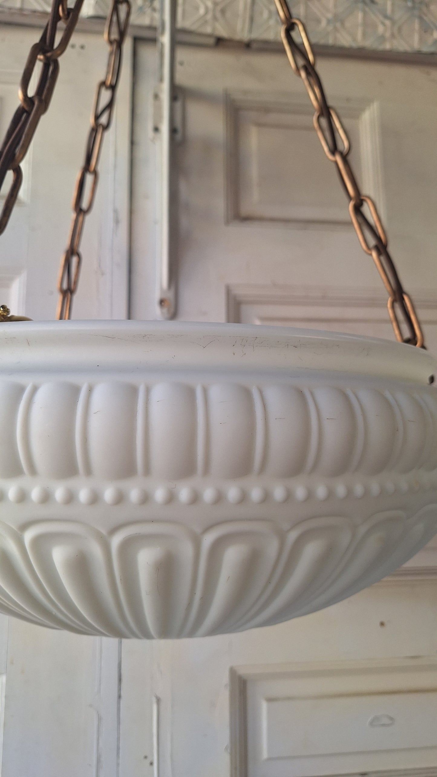 Antique Inverted Dome Chandelier: Molded Glass Shade, Neoclassical Light