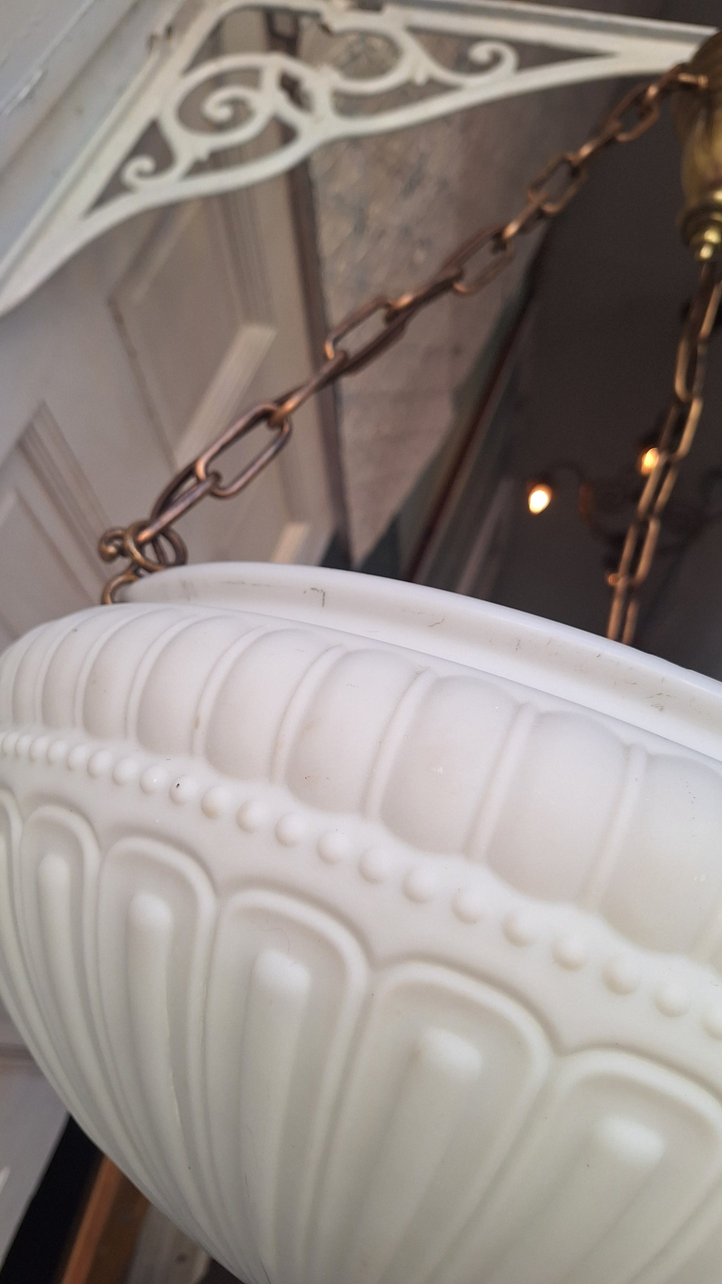 Antique Inverted Dome Chandelier: Molded Glass Shade, Neoclassical Light