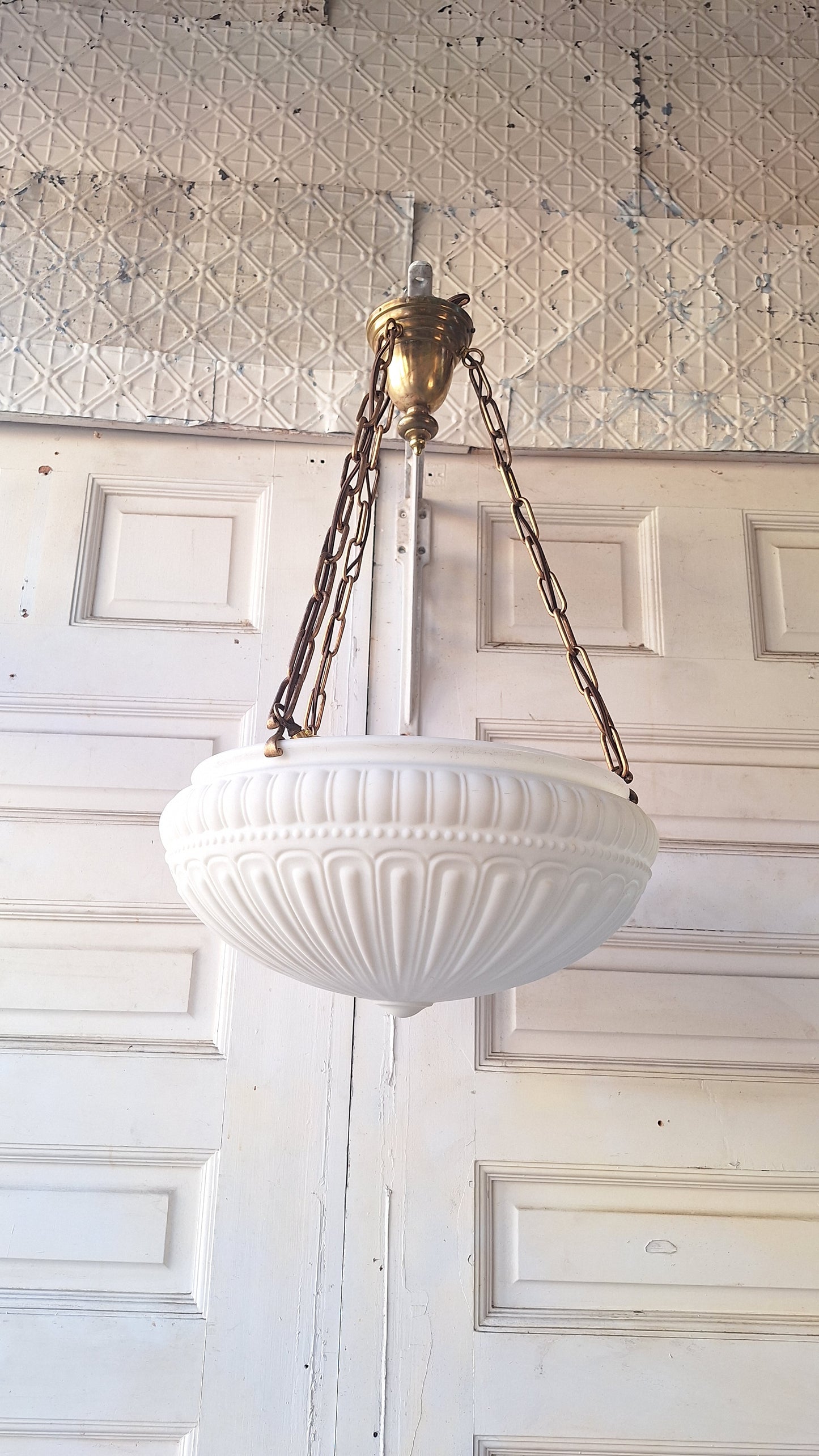 Antique Inverted Dome Chandelier: Molded Glass Shade, Neoclassical Light