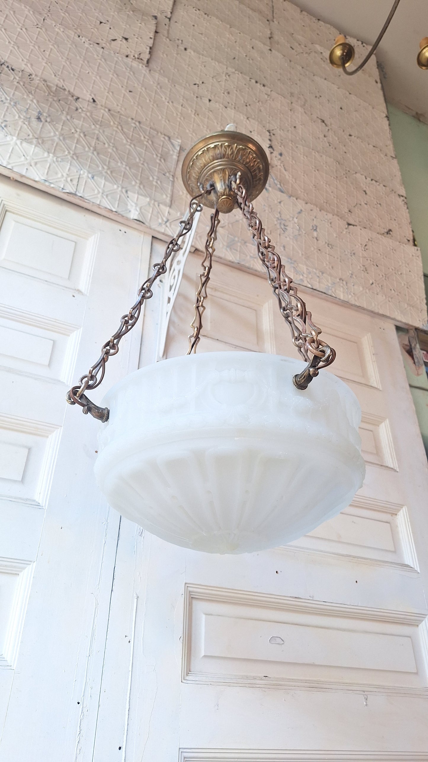 Victorian Molded Glass Bowl Chandelier: Frosted White Hanging Light