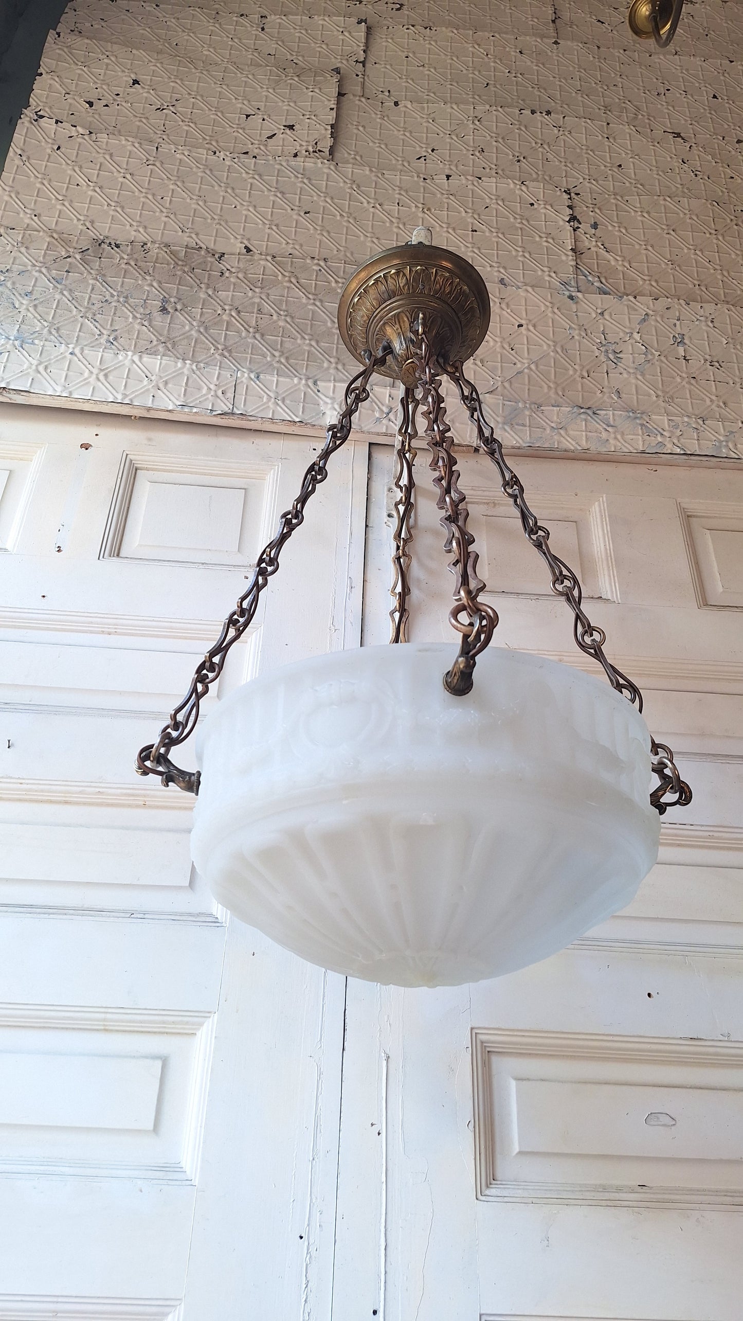 Victorian Molded Glass Bowl Chandelier: Frosted White Hanging Light