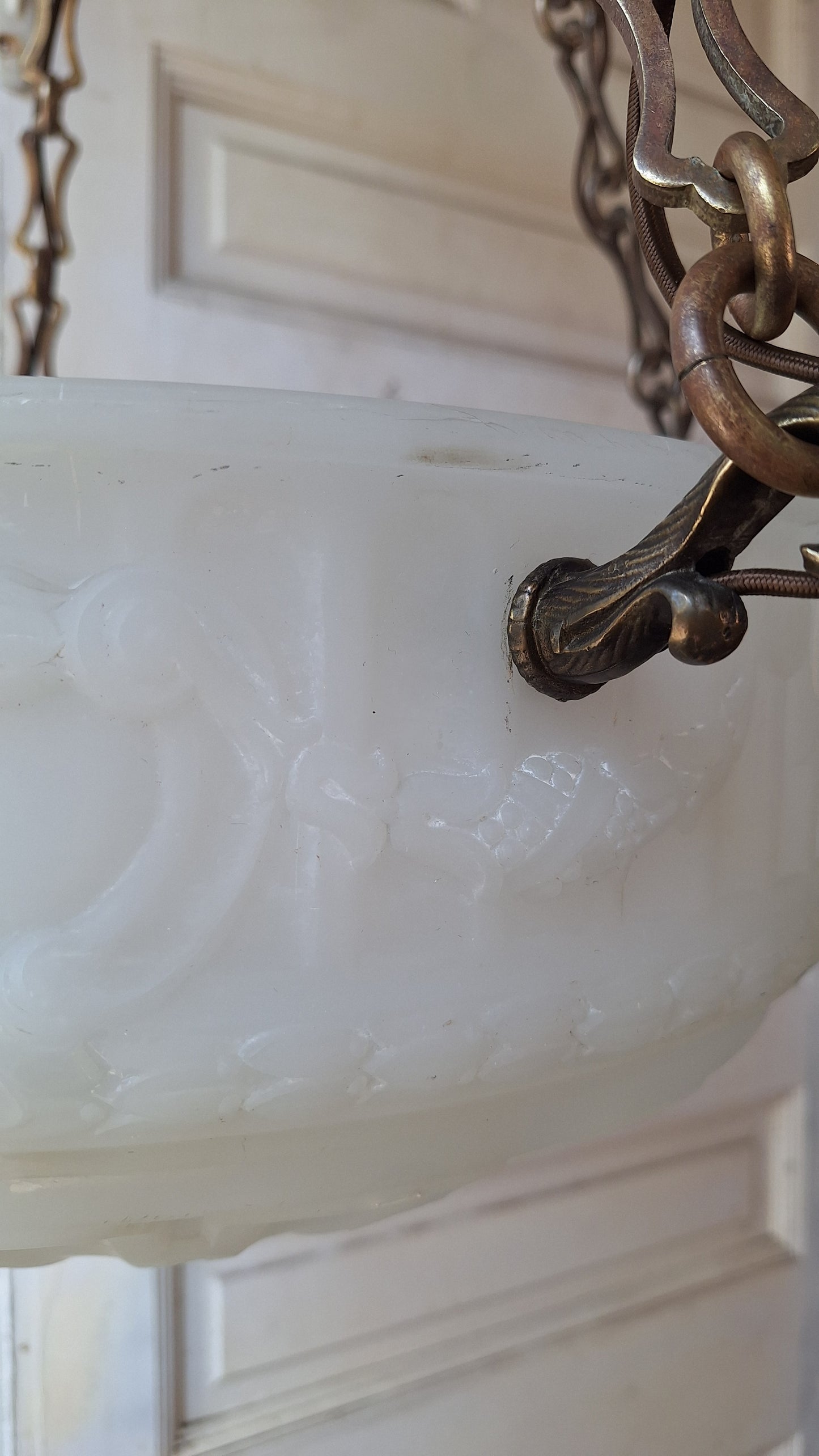 Victorian Molded Glass Bowl Chandelier: Frosted White Hanging Light