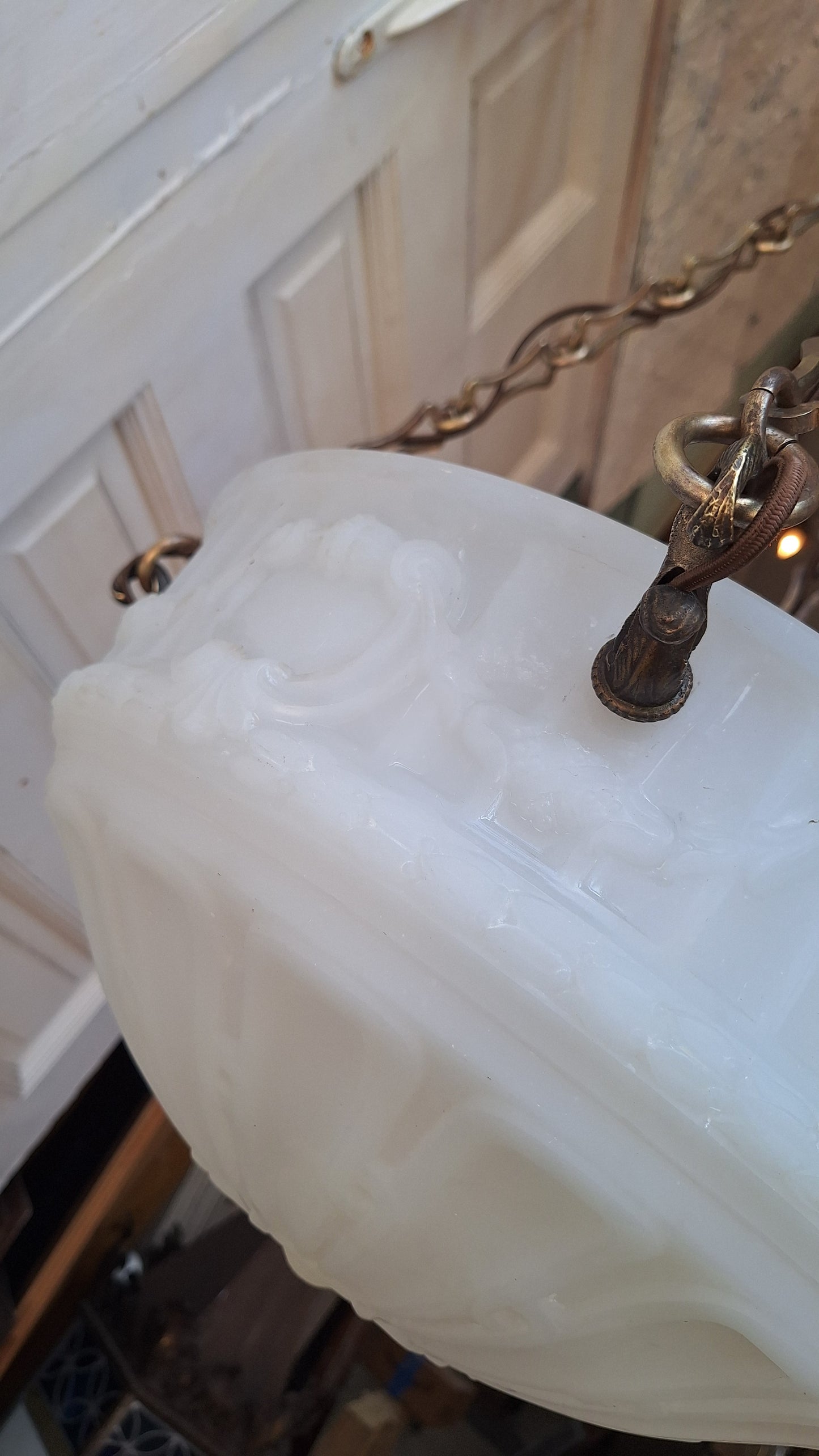 Victorian Molded Glass Bowl Chandelier: Frosted White Hanging Light