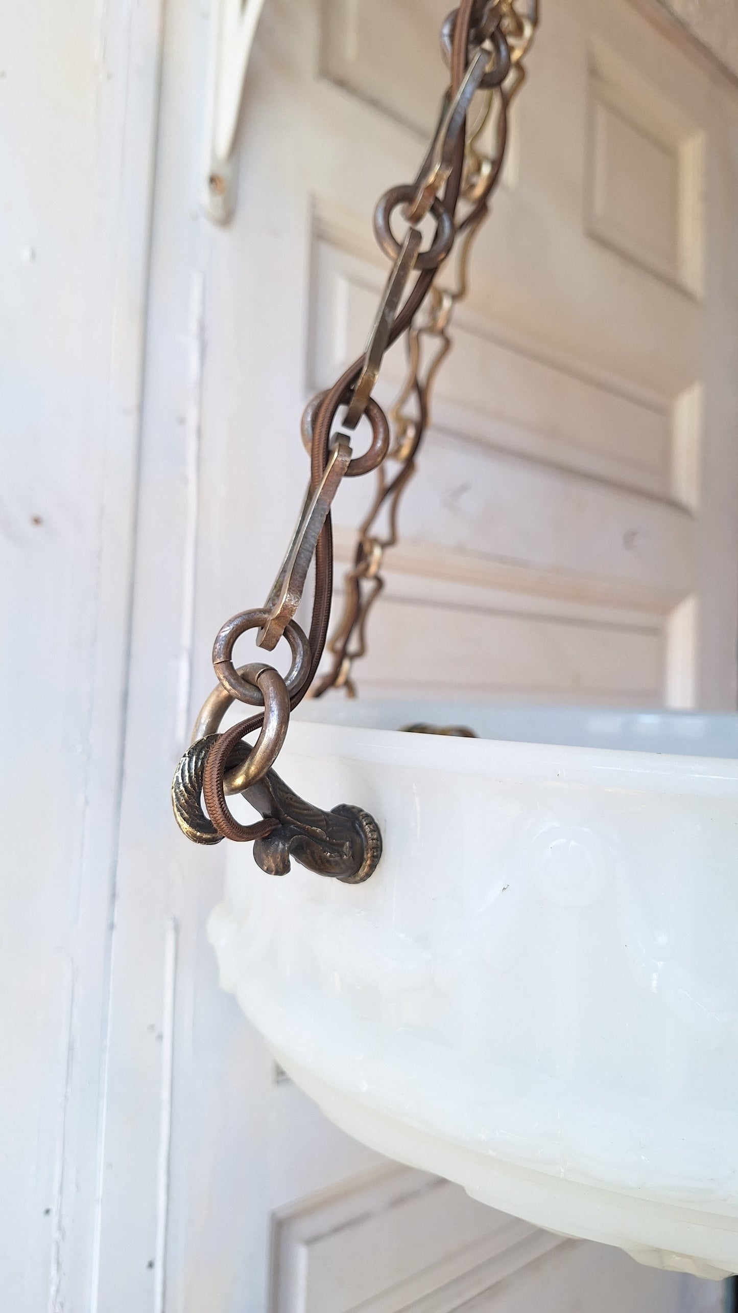 Victorian Molded Glass Bowl Chandelier: Frosted White Hanging Light