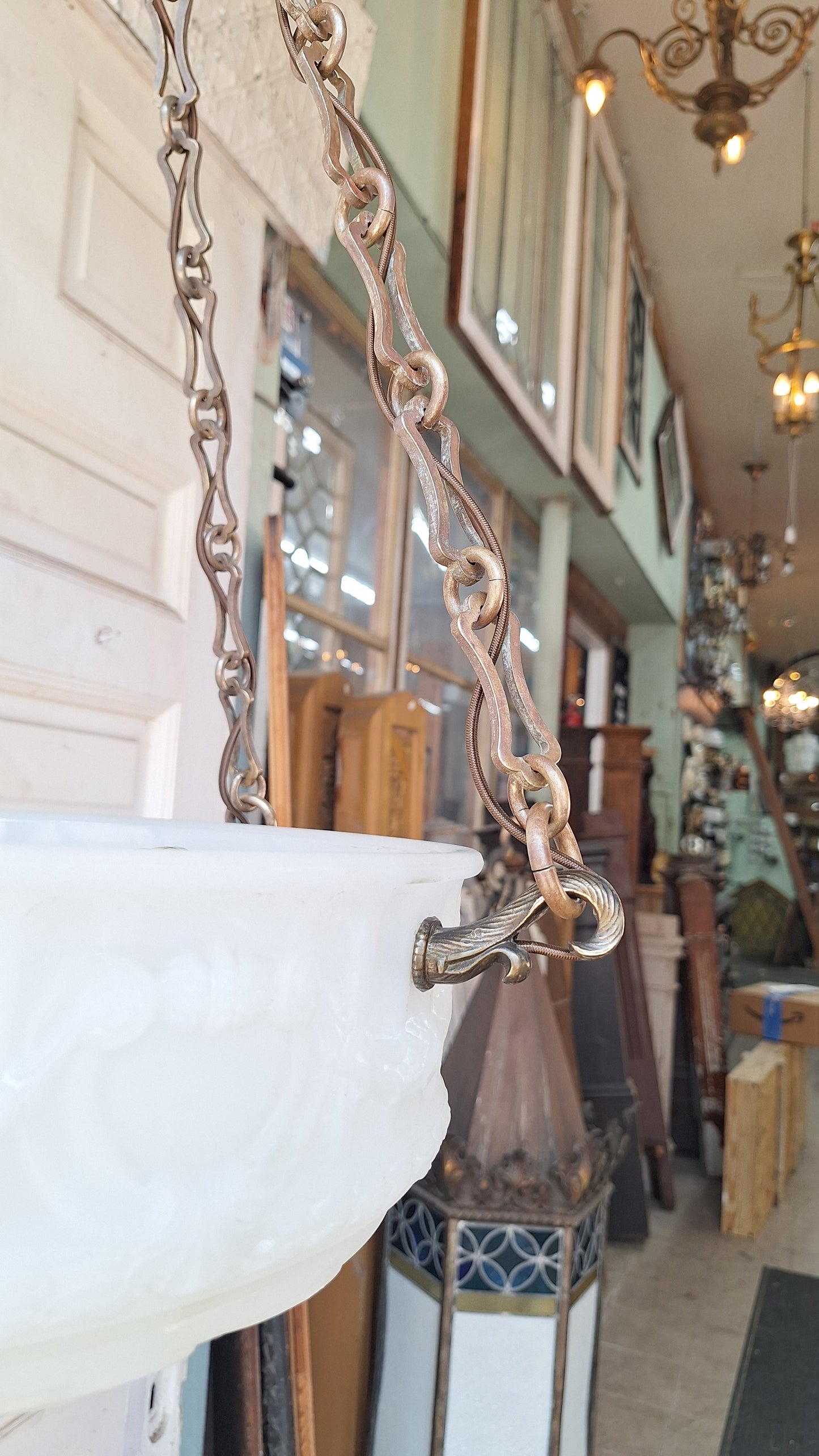 Victorian Molded Glass Bowl Chandelier: Frosted White Hanging Light