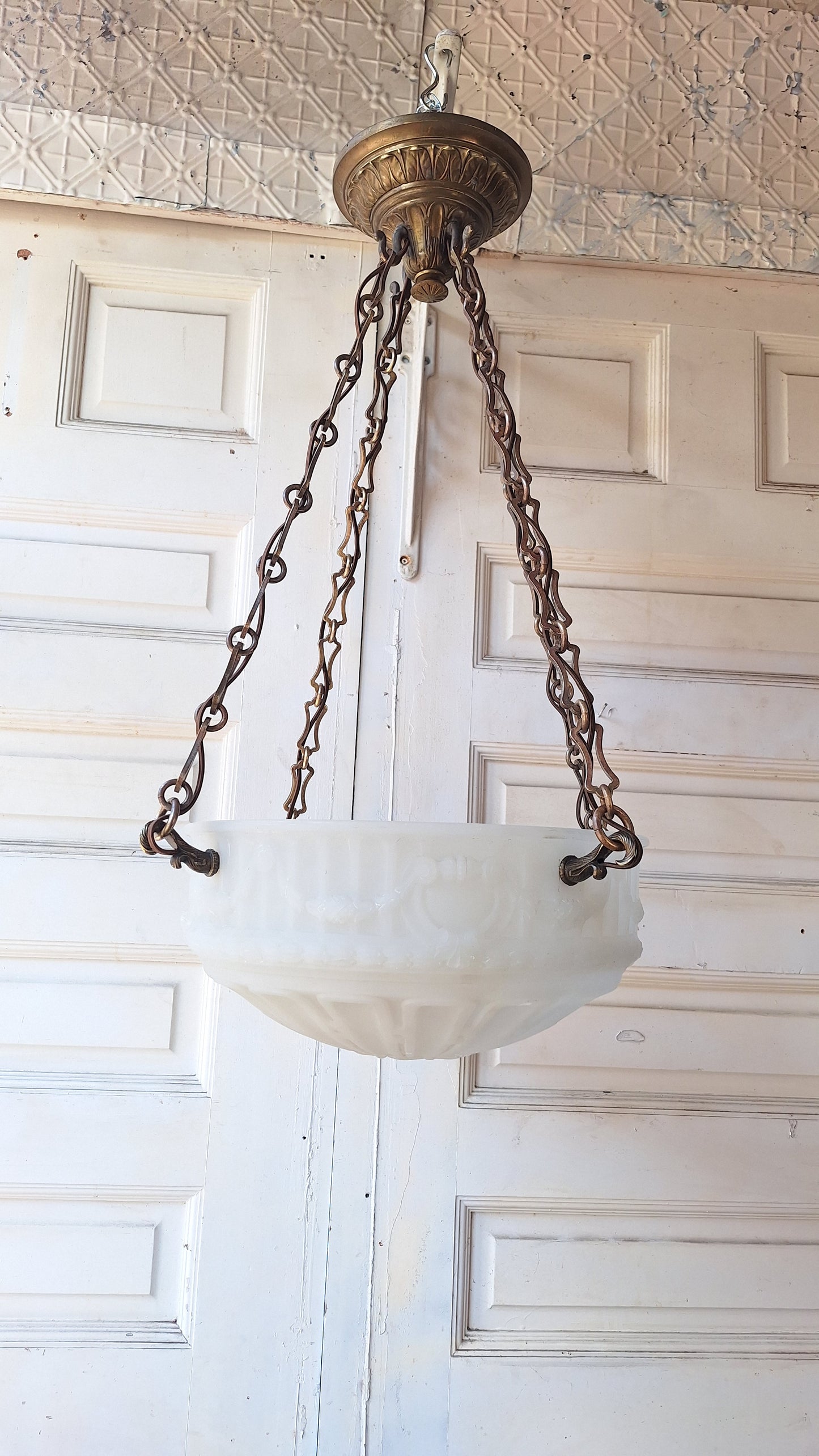 Victorian Molded Glass Bowl Chandelier: Frosted White Hanging Light