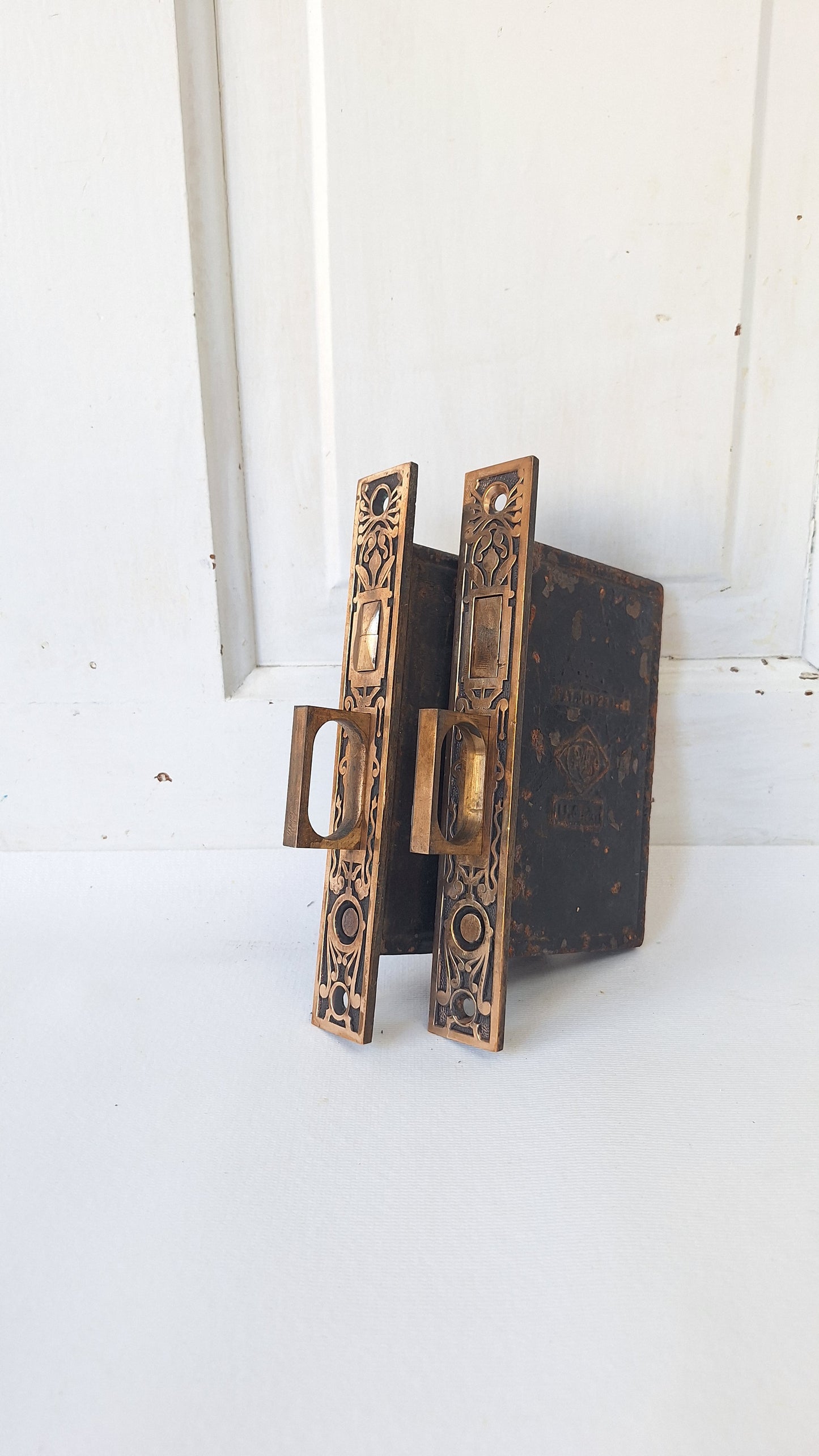 Ornate Bronze Double Pocket Door Mortise Lock Set: Eastlake Style