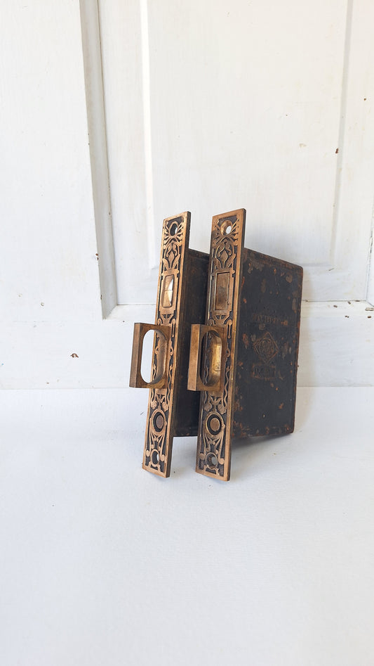 Ornate Bronze Double Pocket Door Mortise Lock Set: Eastlake Style