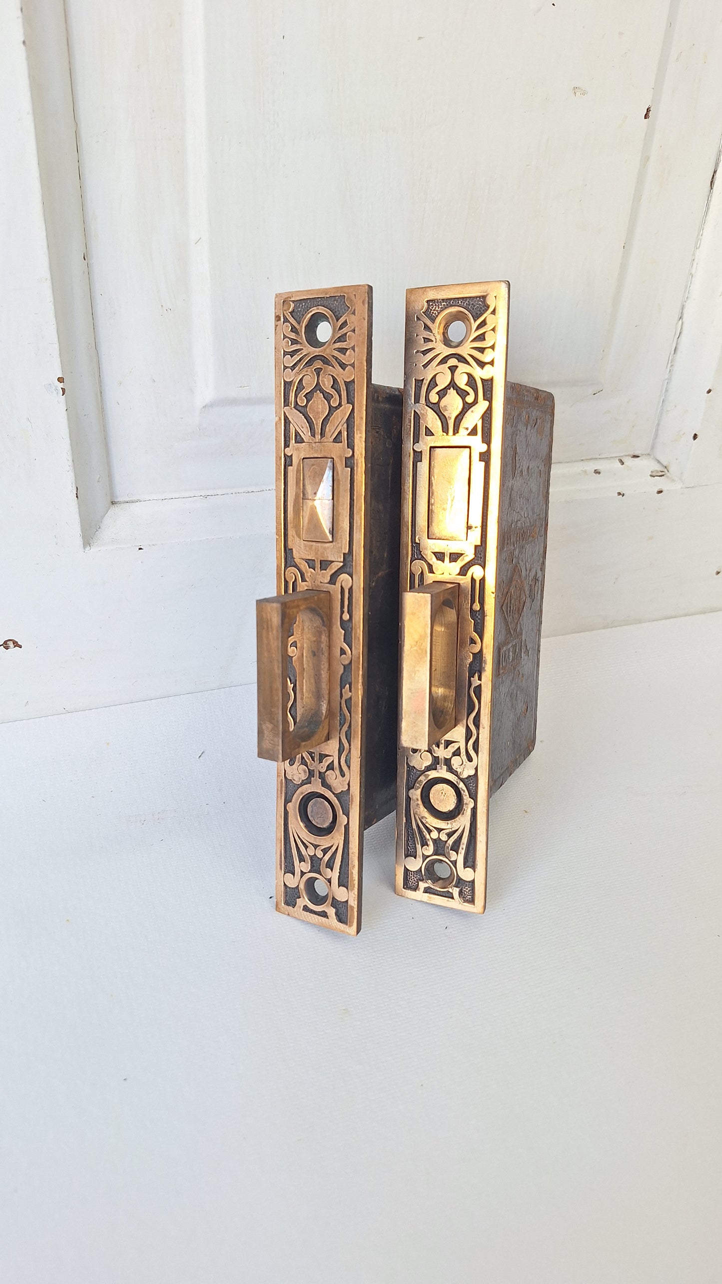 Ornate Bronze Double Pocket Door Mortise Lock Set: Eastlake Style