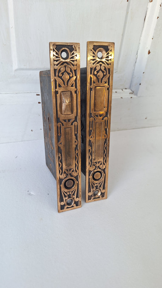 Ornate Bronze Double Pocket Door Mortise Lock Set: Eastlake Style