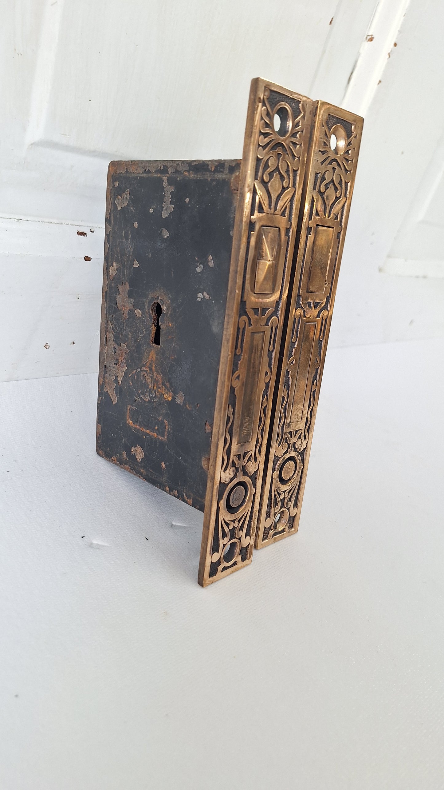 Ornate Bronze Double Pocket Door Mortise Lock Set: Eastlake Style