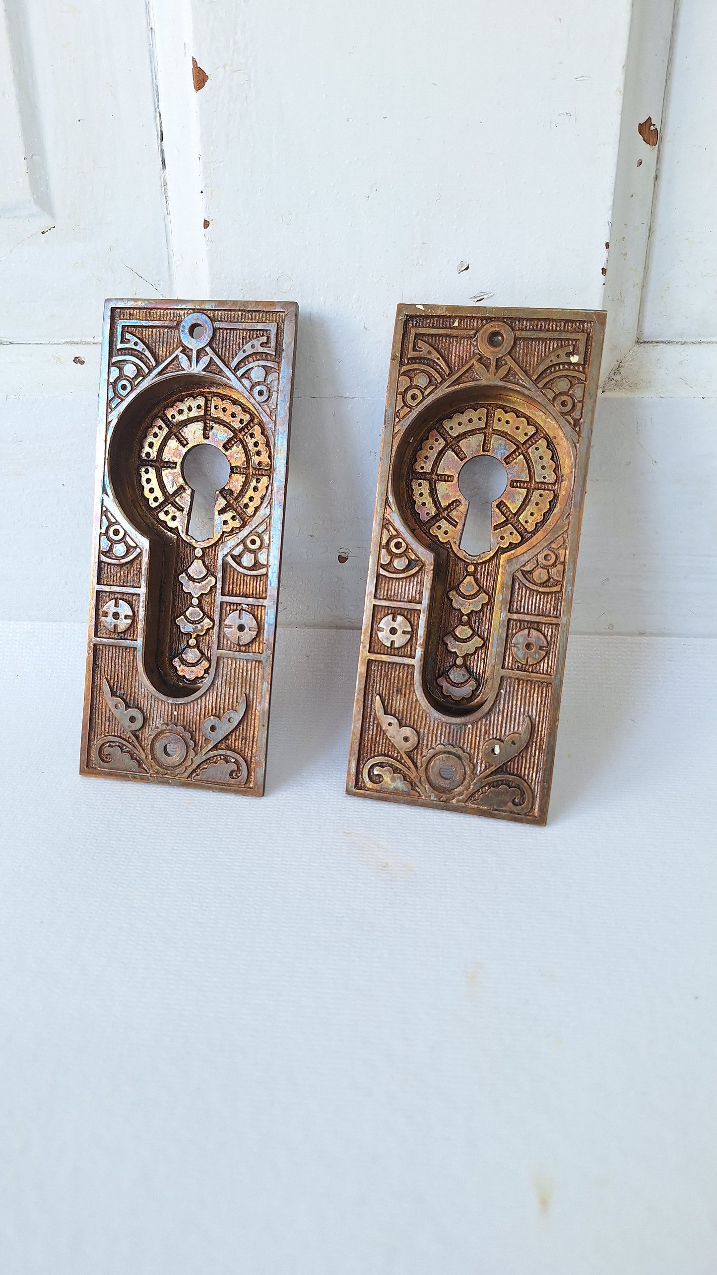 Antique Bronze Eastlake Pocket Door Pulls, Recessed Rolling Door Handles