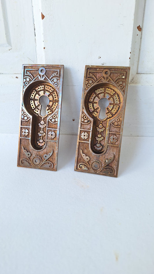 Antique Bronze Eastlake Pocket Door Pulls, Recessed Rolling Door Handles