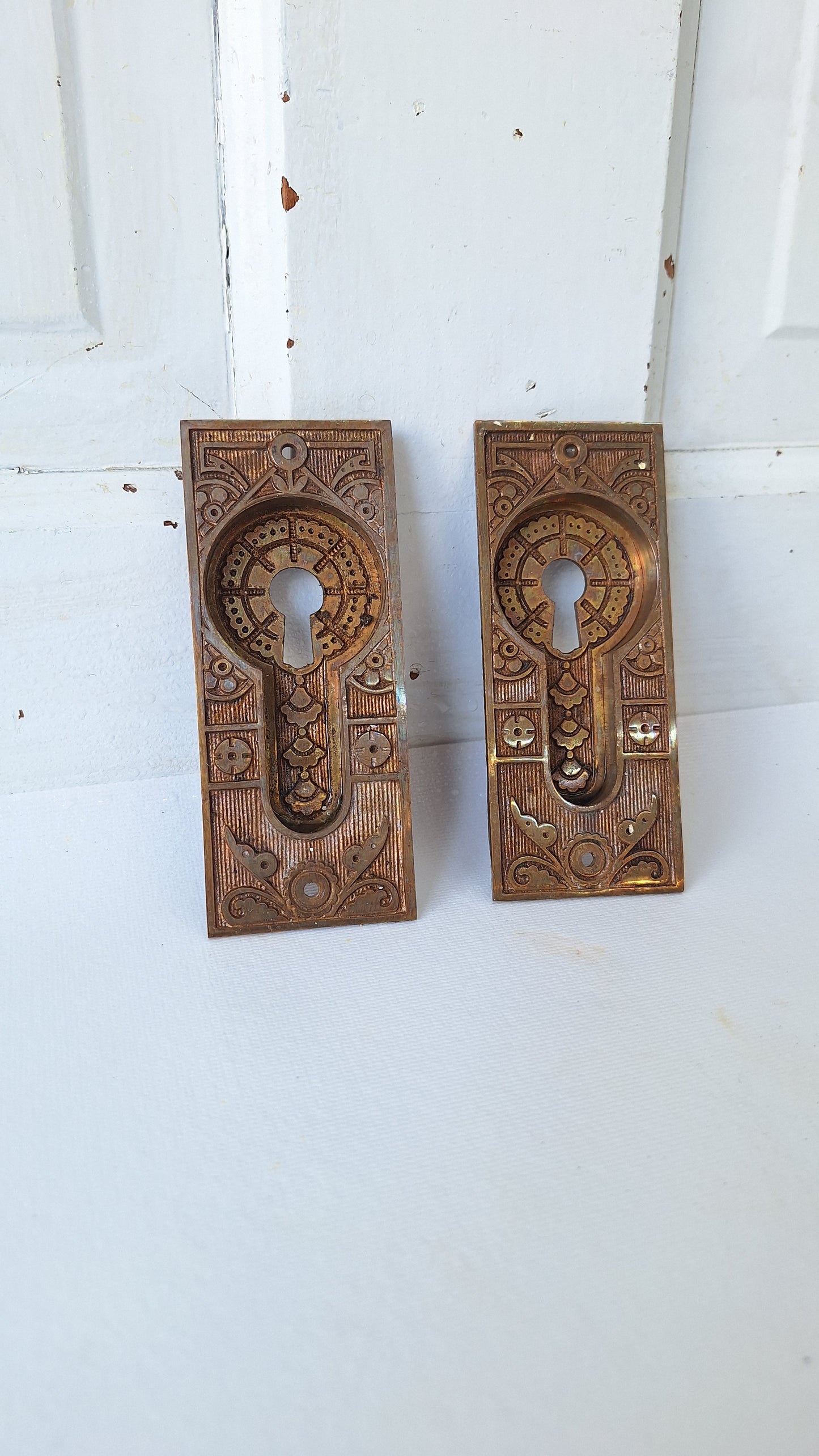 Antique Bronze Eastlake Pocket Door Pulls, Recessed Rolling Door Handles
