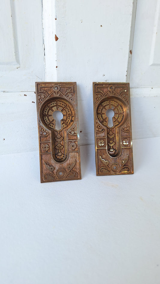 Antique Bronze Eastlake Pocket Door Pulls, Recessed Rolling Door Handles