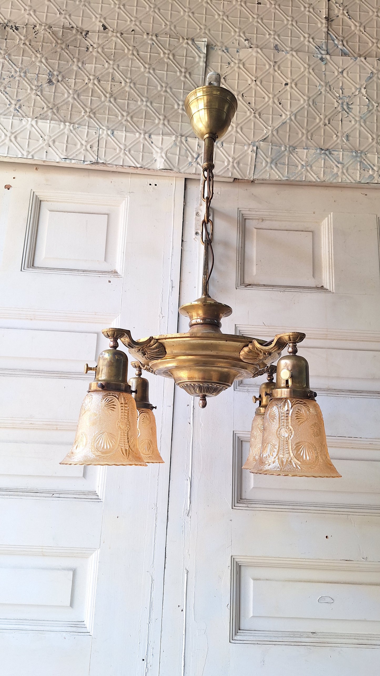 Antique Bronze Chandelier, Pink Glass Shades, Four Arm Pan Light