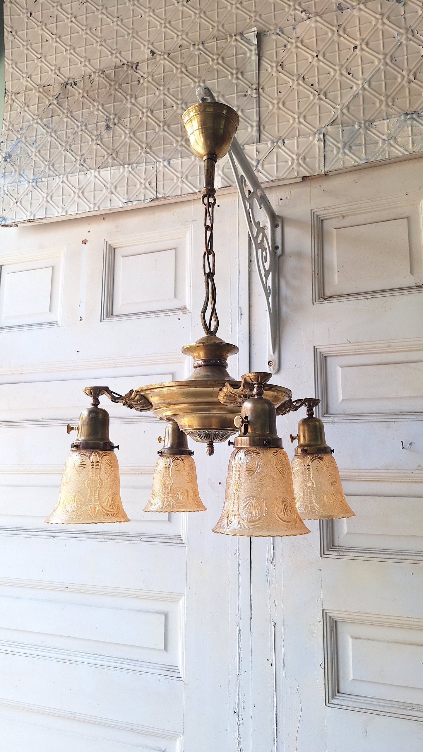 Antique Bronze Chandelier, Pink Glass Shades, Four Arm Pan Light