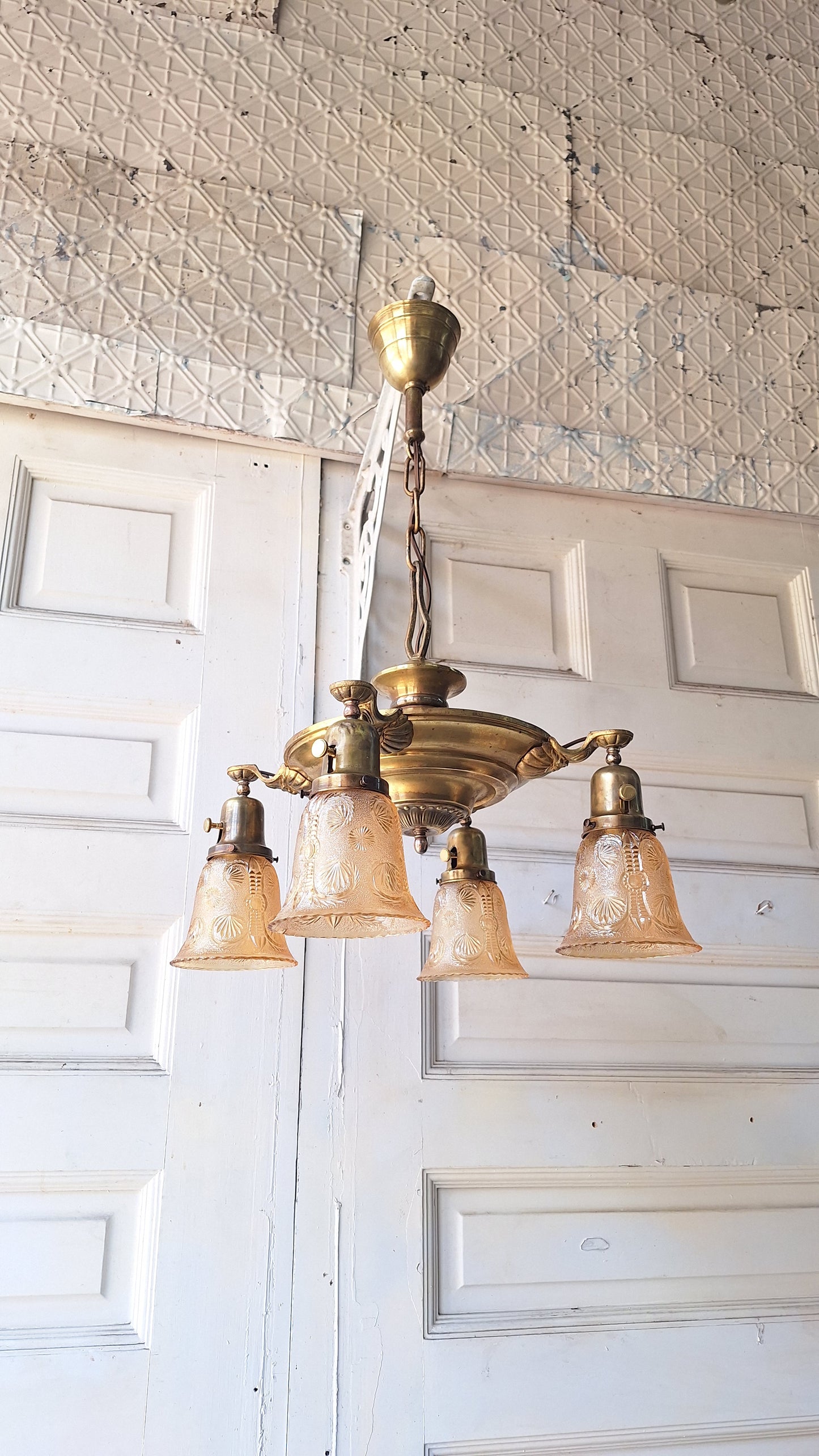 Antique Bronze Chandelier, Pink Glass Shades, Four Arm Pan Light