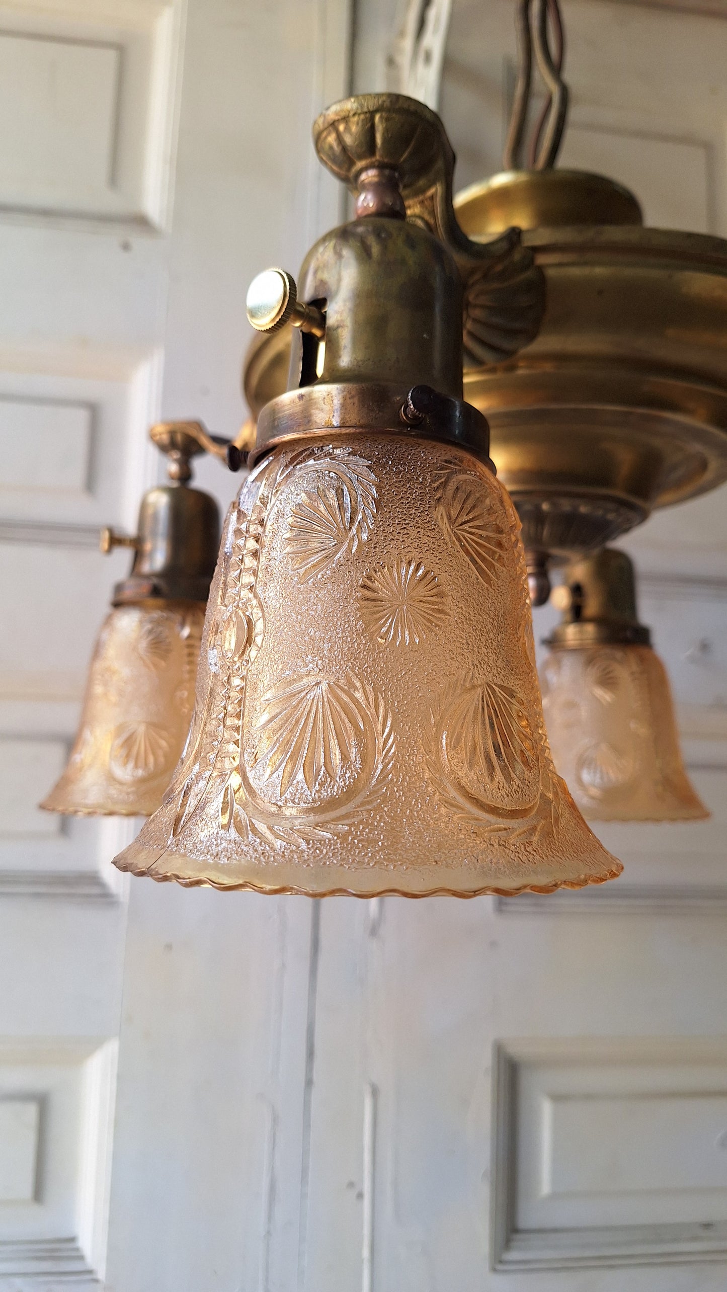 Antique Bronze Chandelier, Pink Glass Shades, Four Arm Pan Light