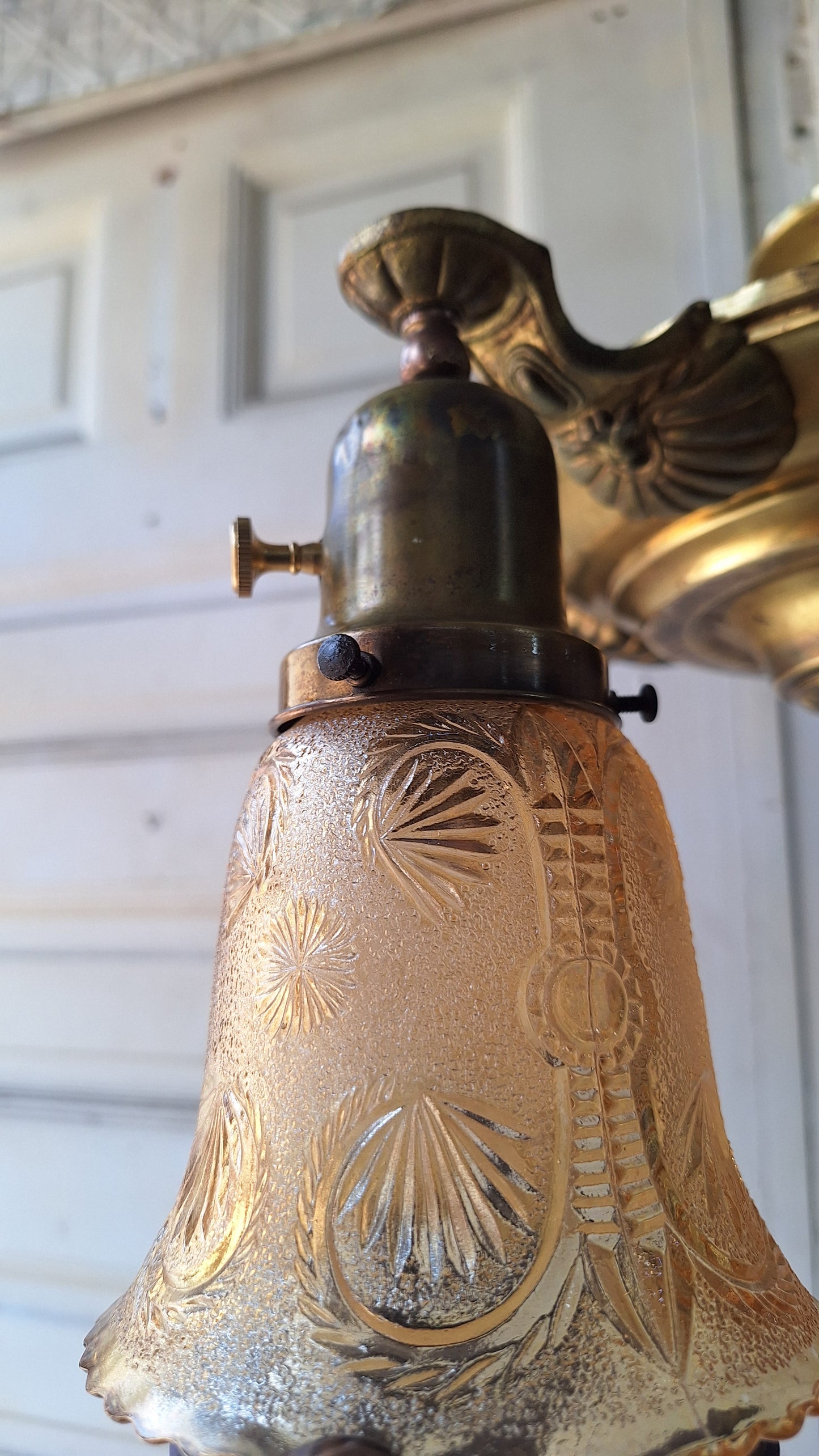 Antique Bronze Chandelier, Pink Glass Shades, Four Arm Pan Light