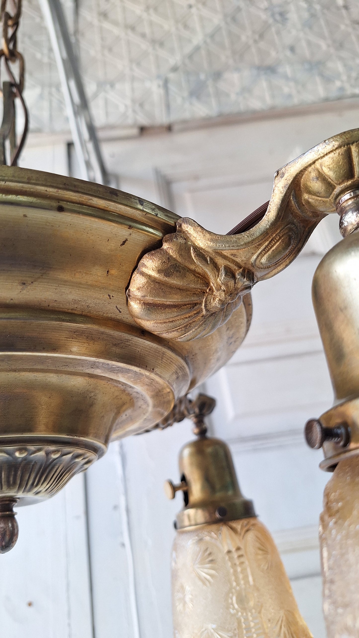 Antique Bronze Chandelier, Pink Glass Shades, Four Arm Pan Light